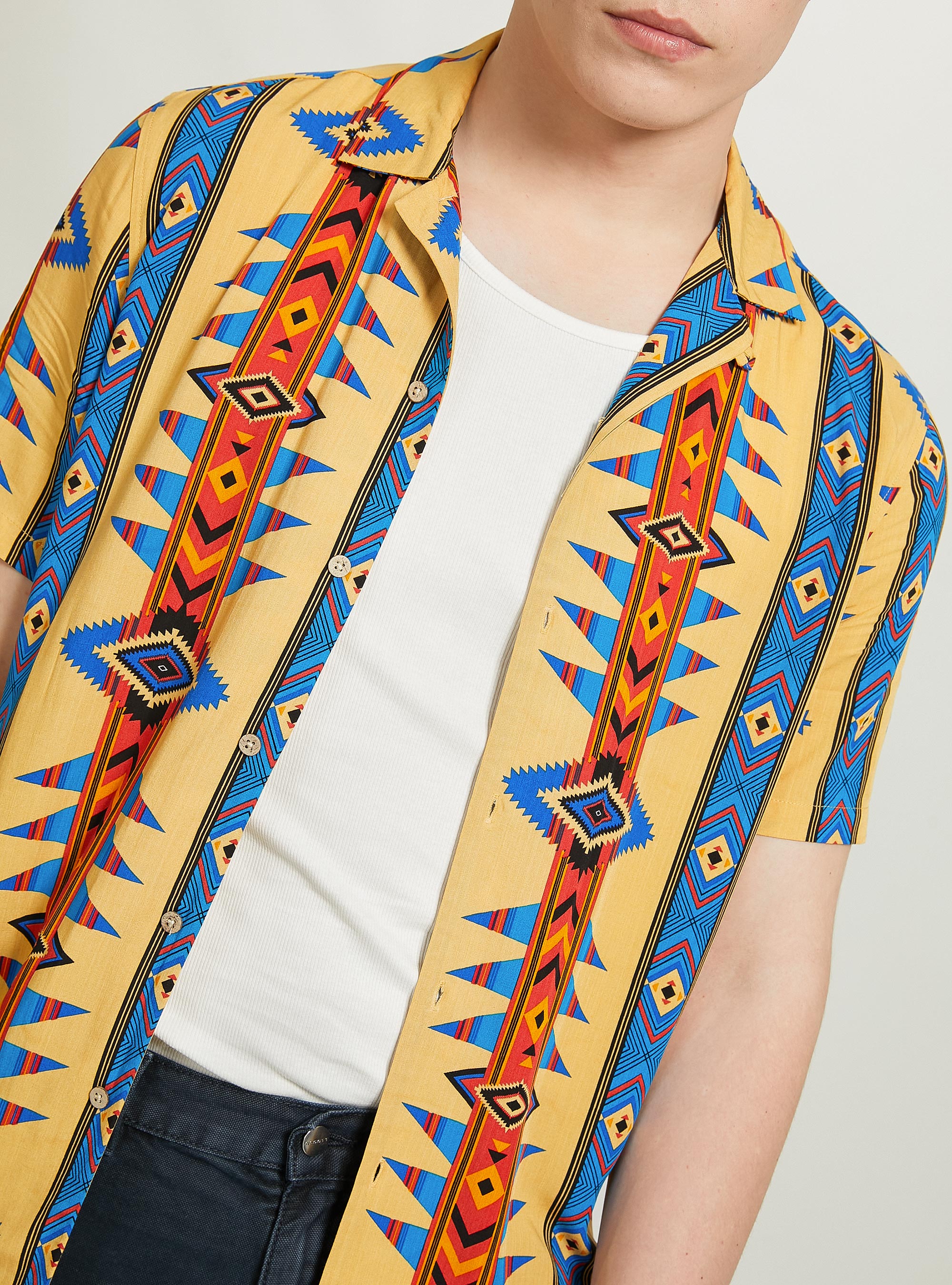 Aztec print short-sleeved shirt, BG1 BEIGE DARK