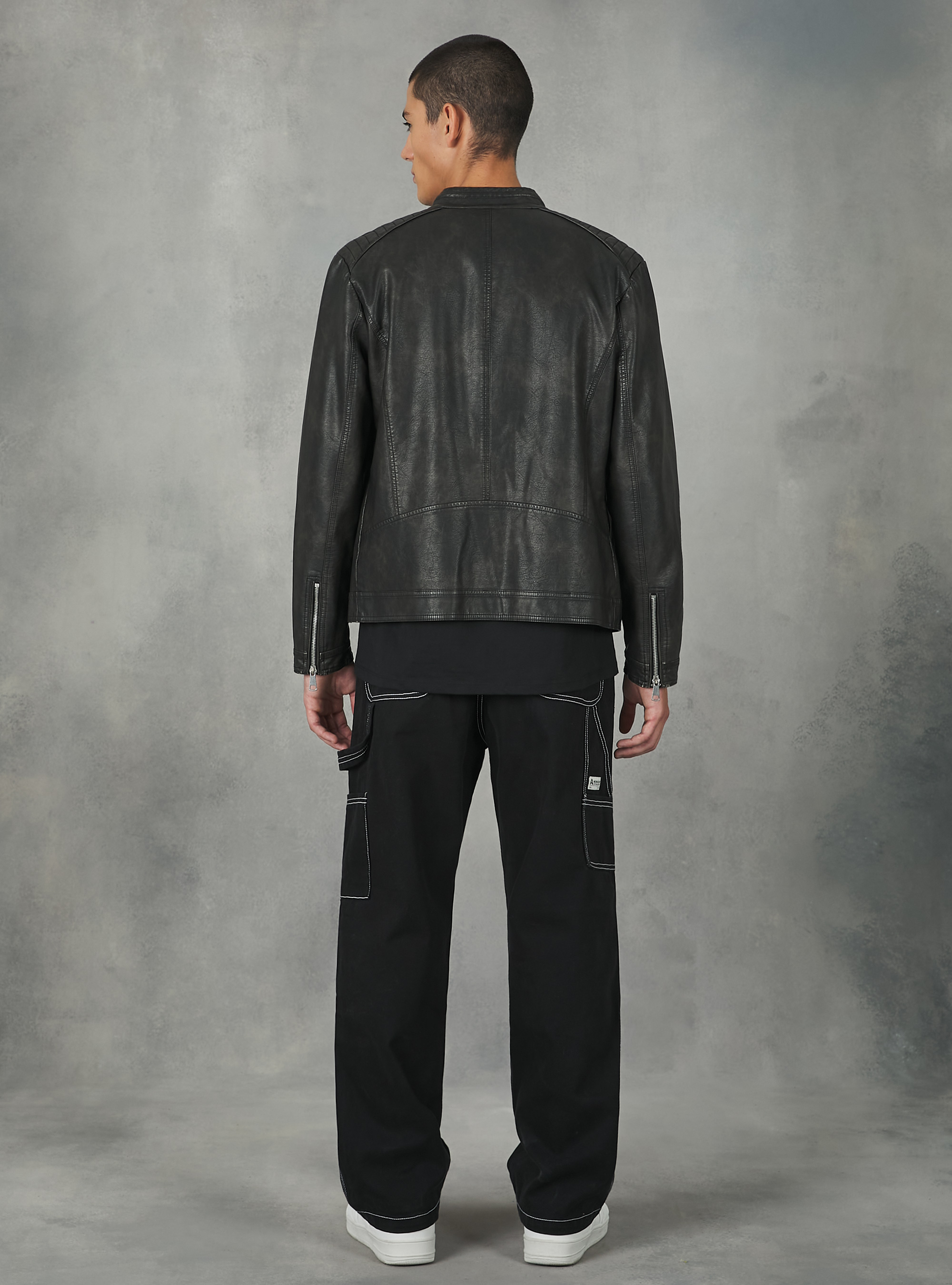 Worn leather effect biker jacket