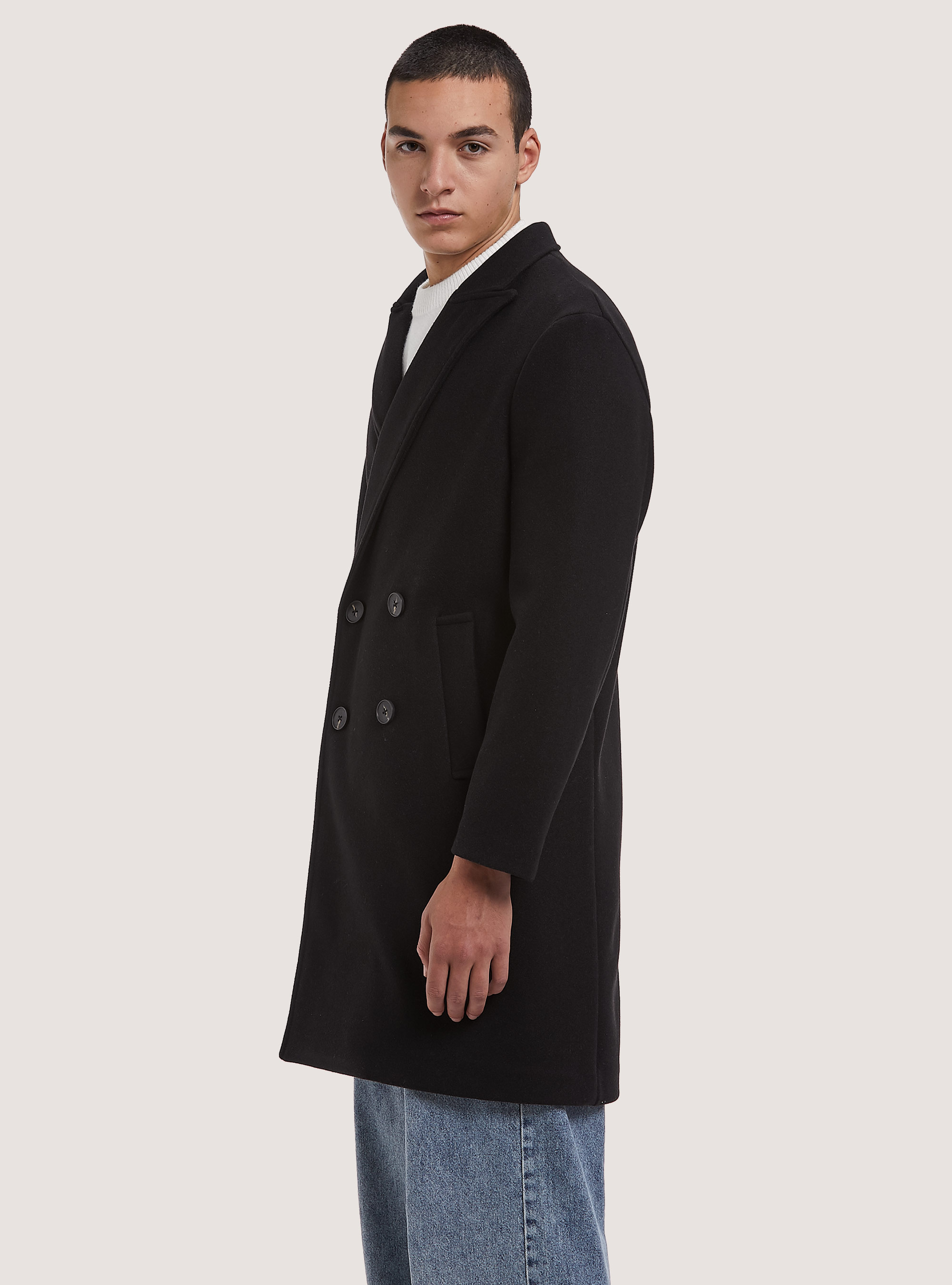 Solid-coloured double-breasted coat, BK1 BLACK