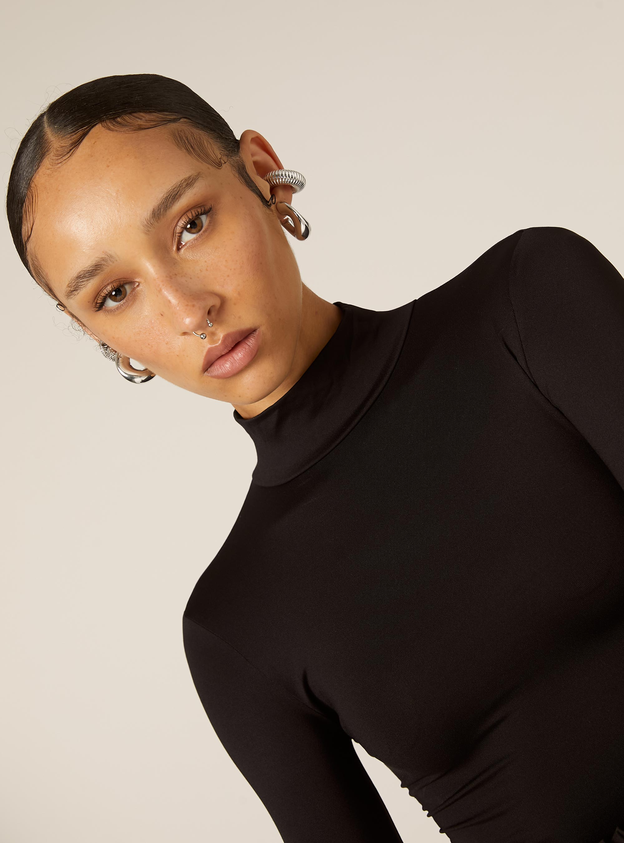 High-neck stretch bodysuit, BK1 BLACK