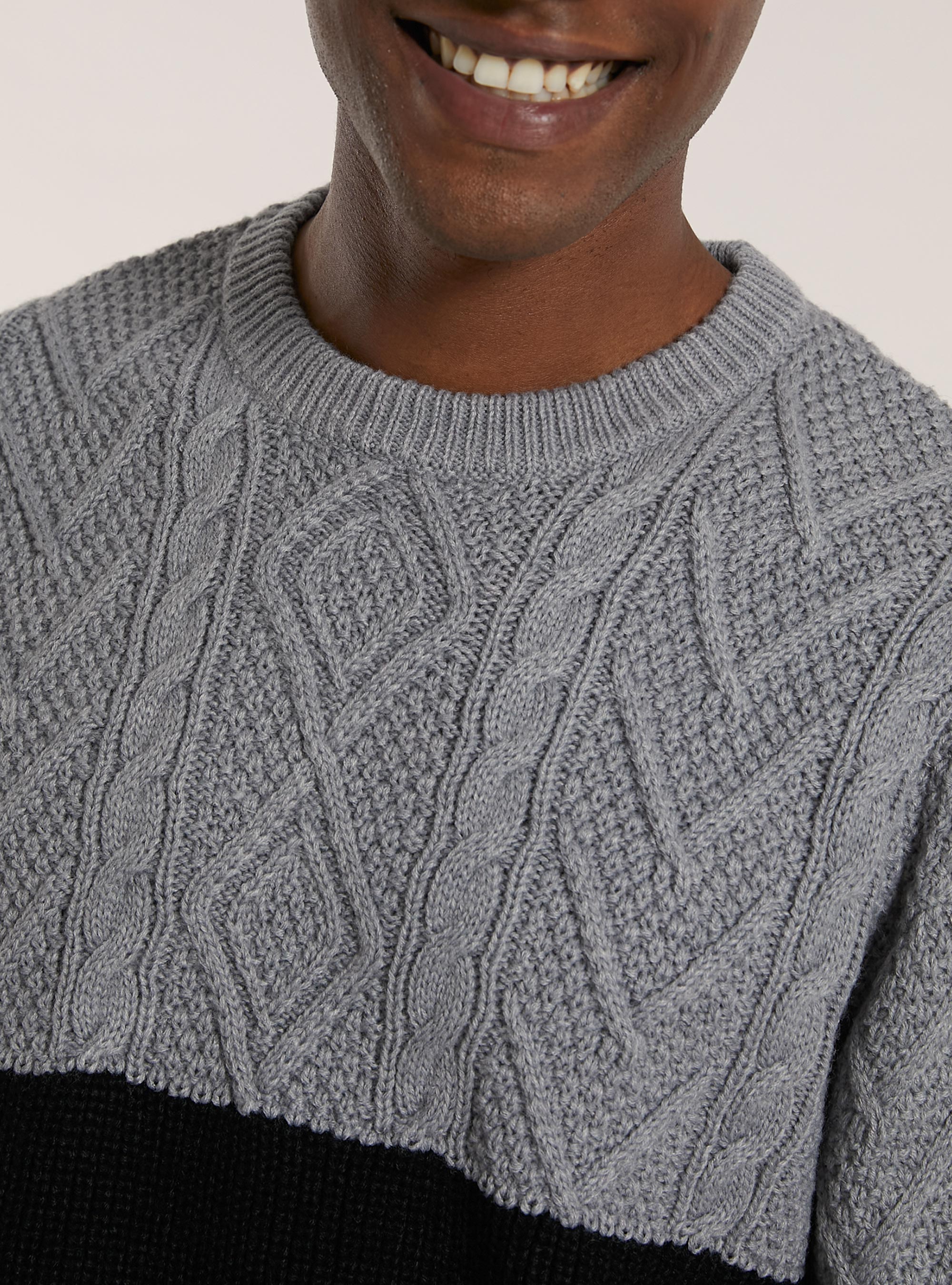 Pullover color block in misto lana con lavorazione a trecce, MGY2 GREY MEL MEDIUM