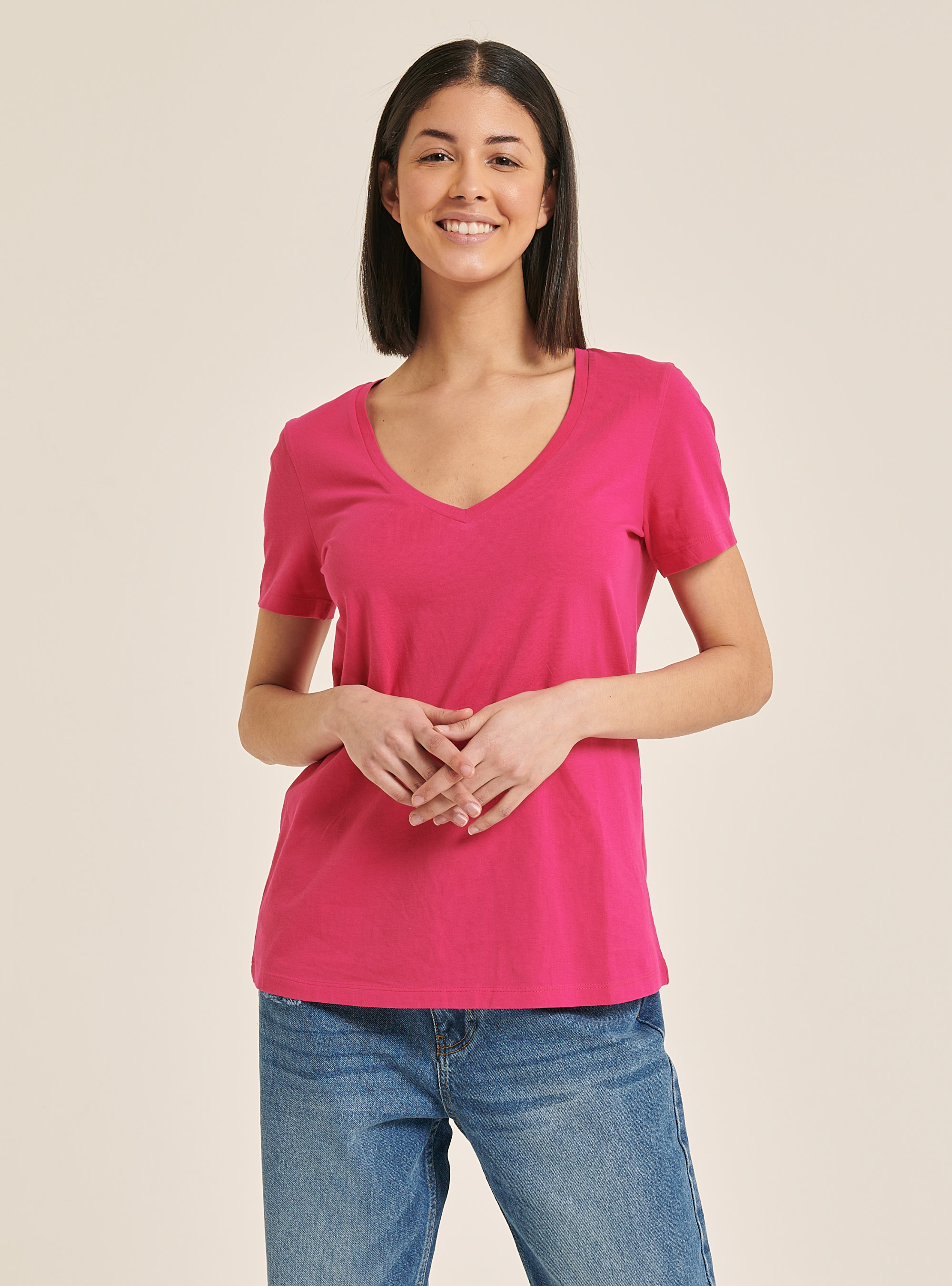 Baumwoll T-Shirt mit V-Ausschnitt, C4435 FUXIA