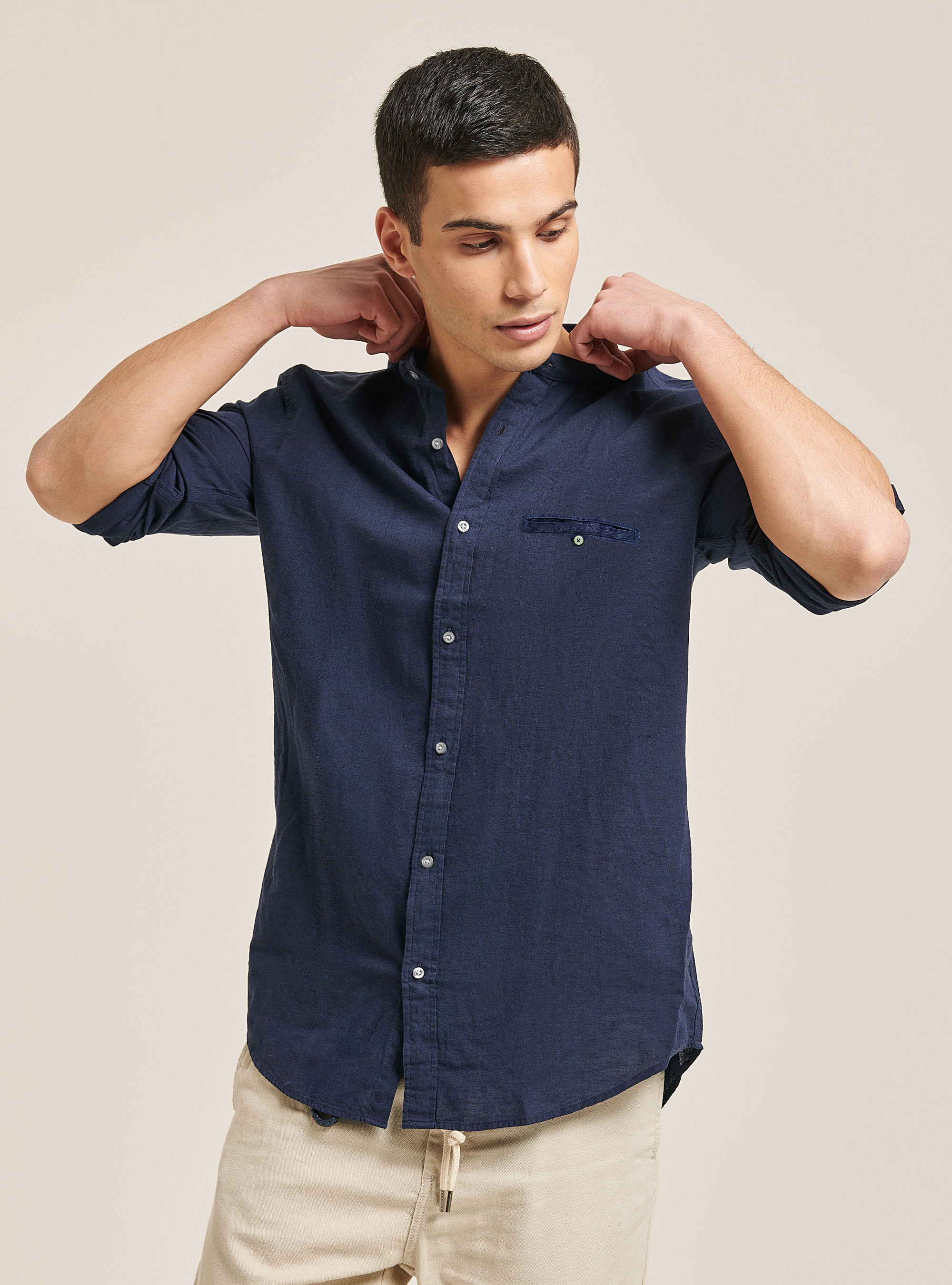 Camicia 100% lino collo coreano, NA1 NAVY DARK