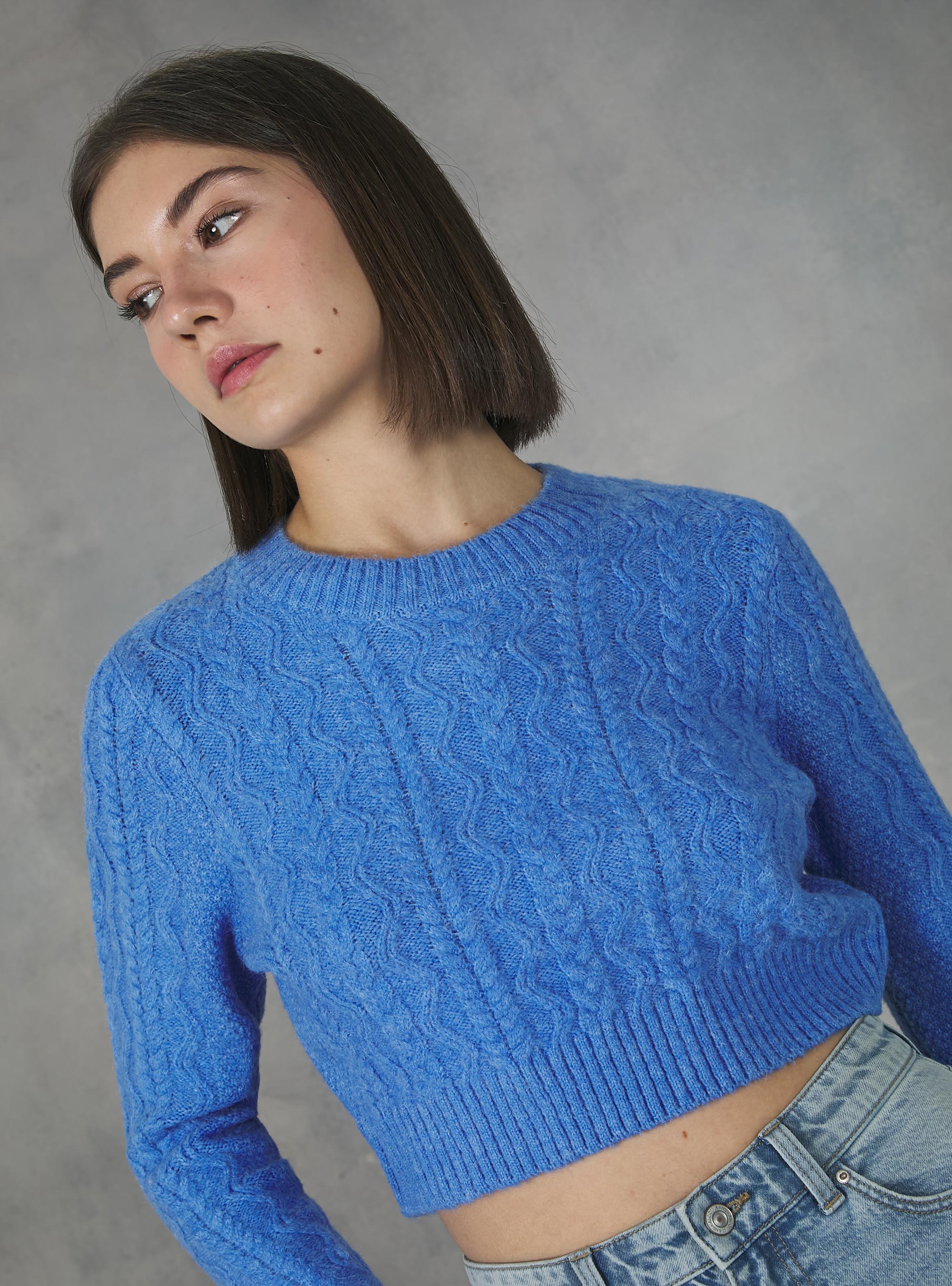Pullover cropped a trecce, MAZ1 AZURE MEL DARK