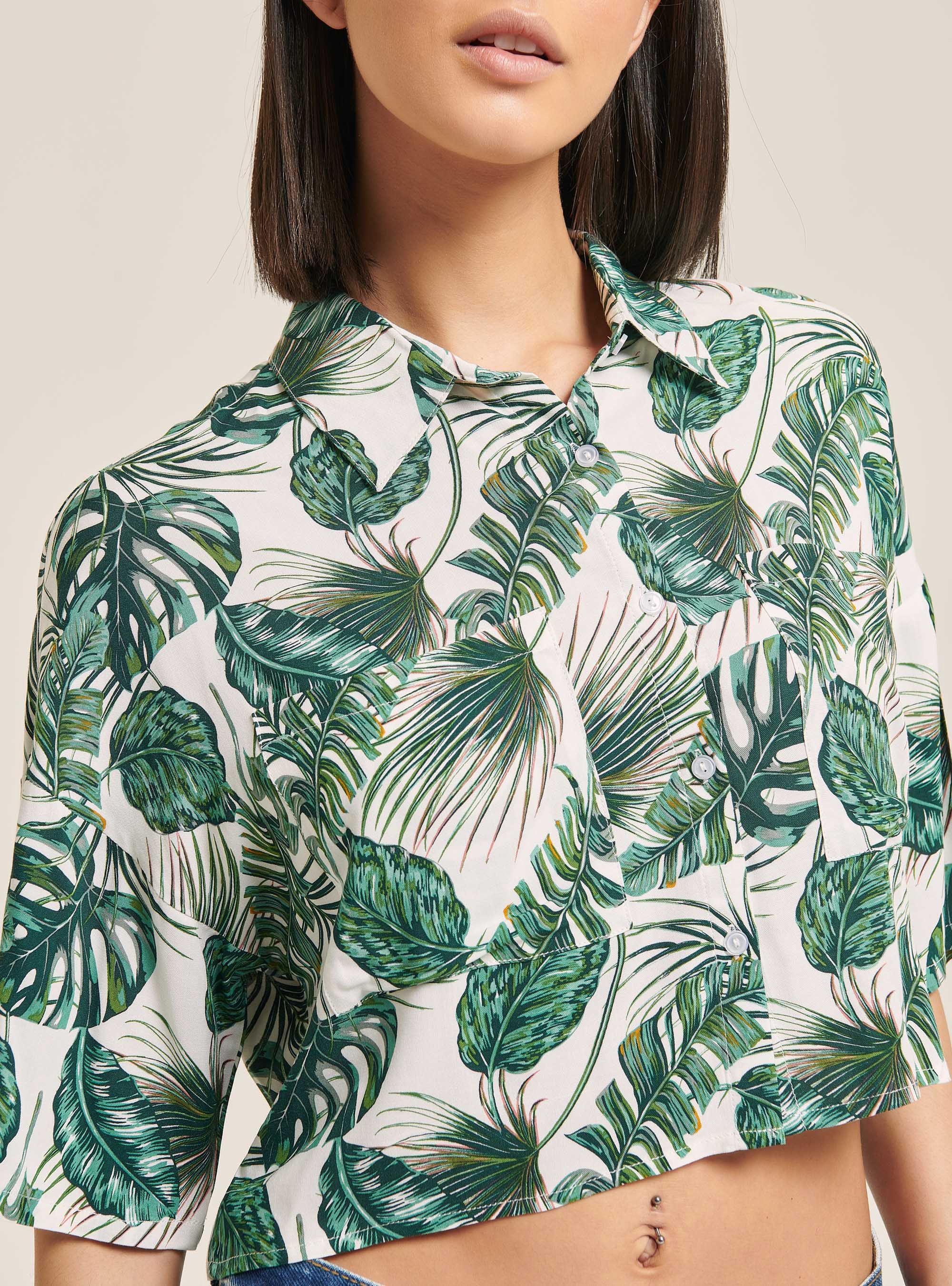 Camicia cropped stampa hawaiana, LEAVES