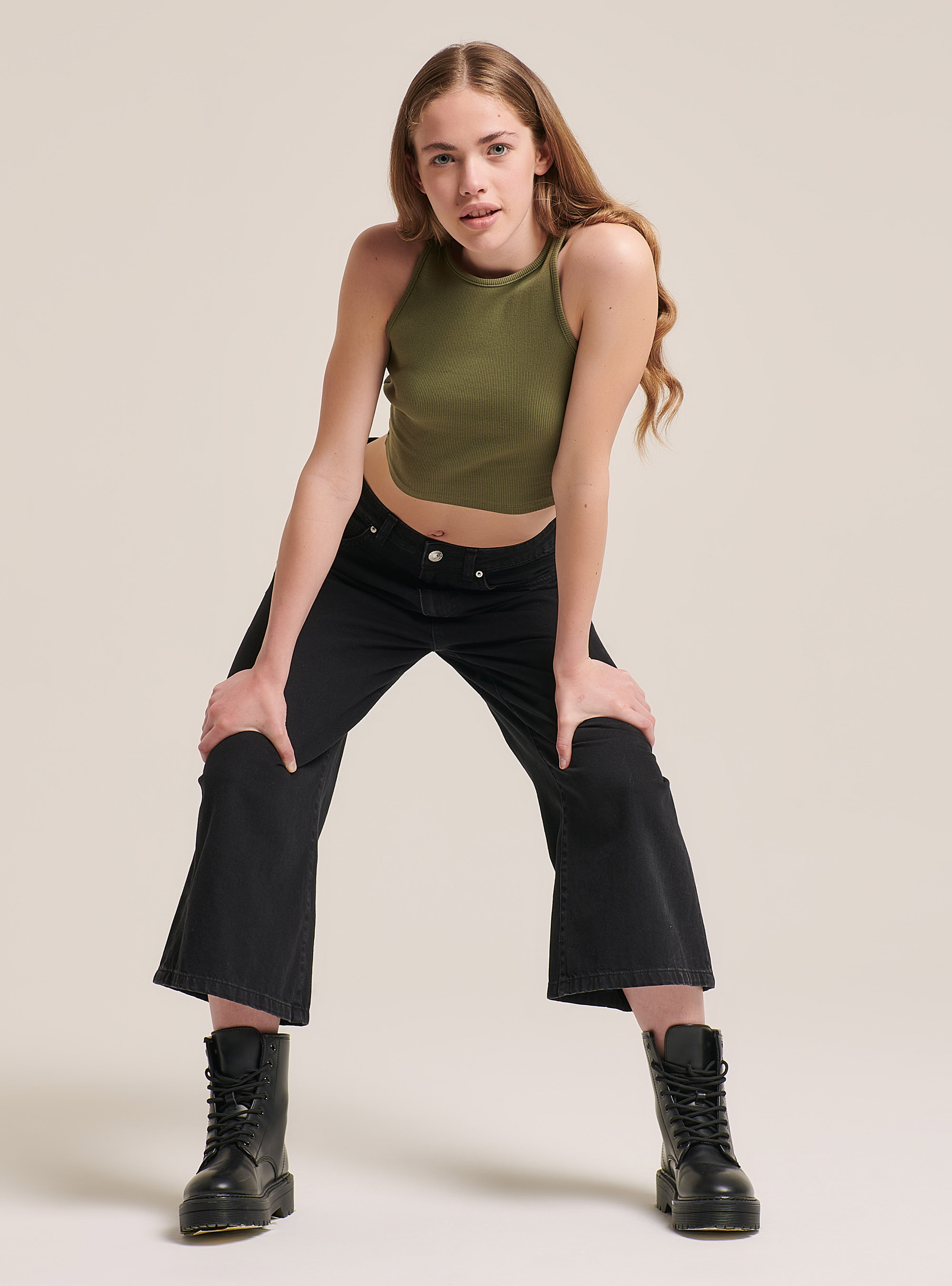 Elastic ribbed crop top in cotton, C0606 KAKY