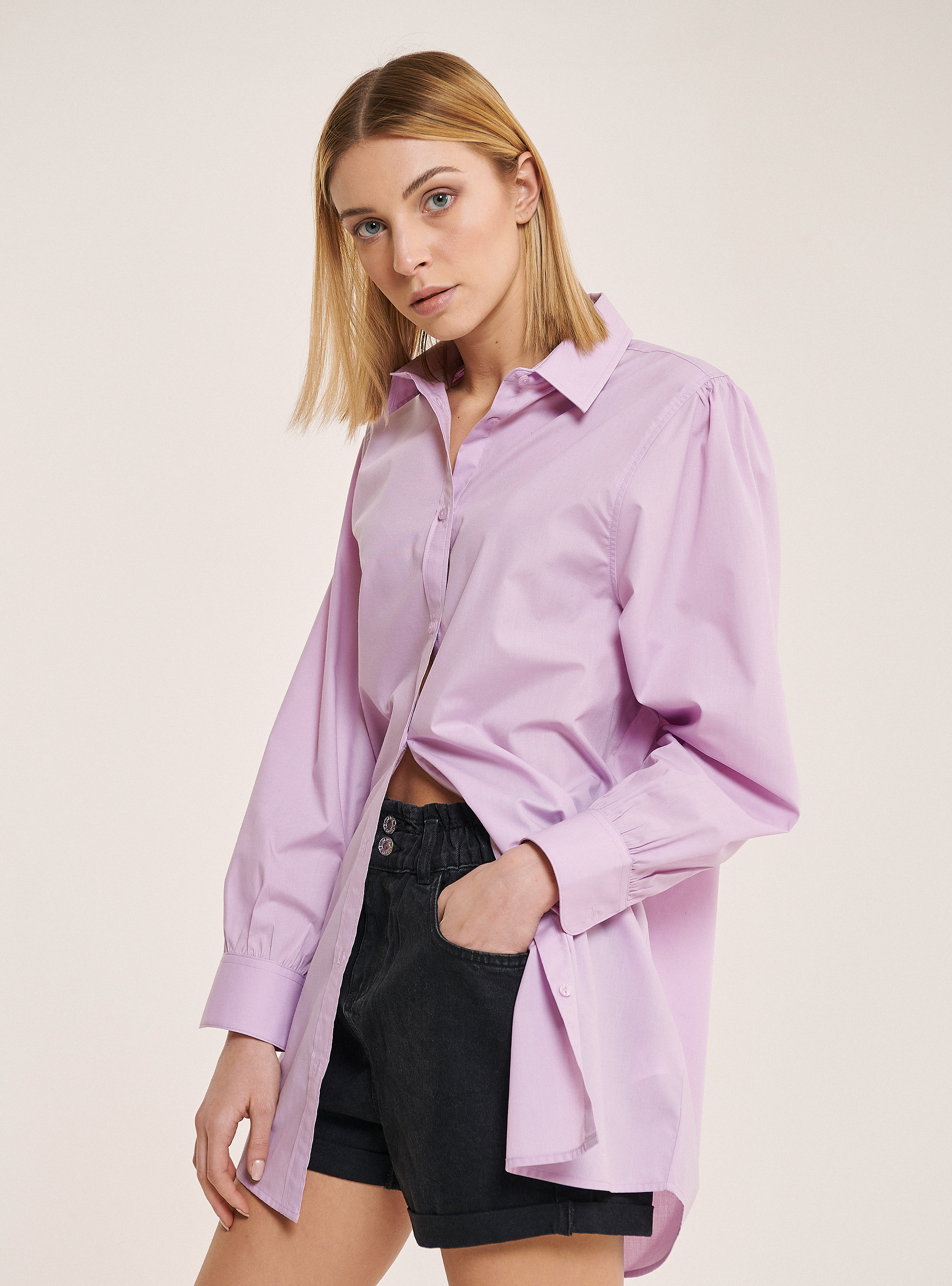 Long shirt in poplin fabric, C3303 LILLAC