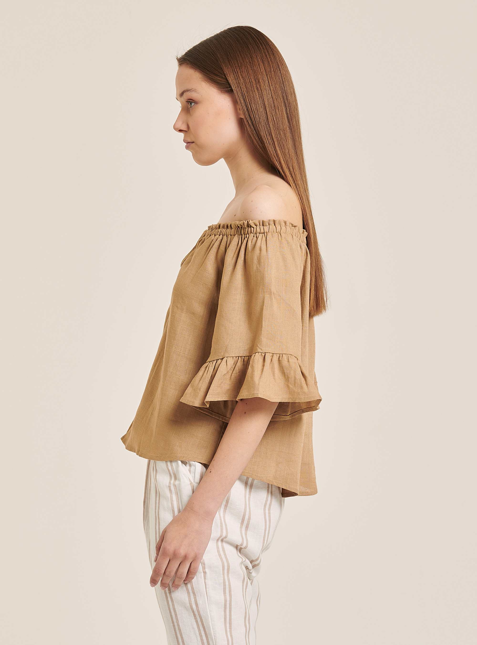 Linen blend blouse with bardot neckline, WHITE