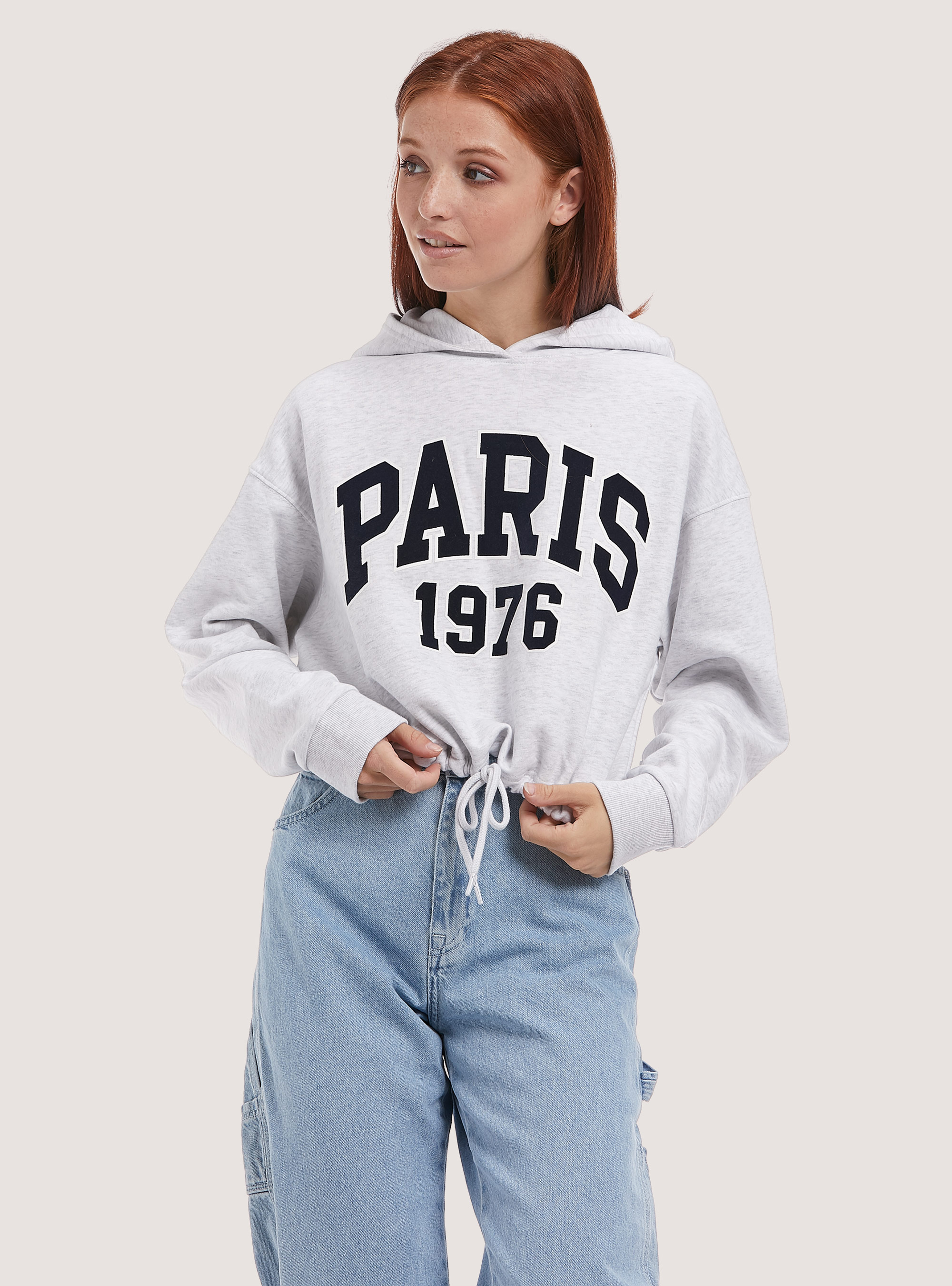 Cropped sweatshirt with print and drawstring at hem, MEL GREY LIGHT