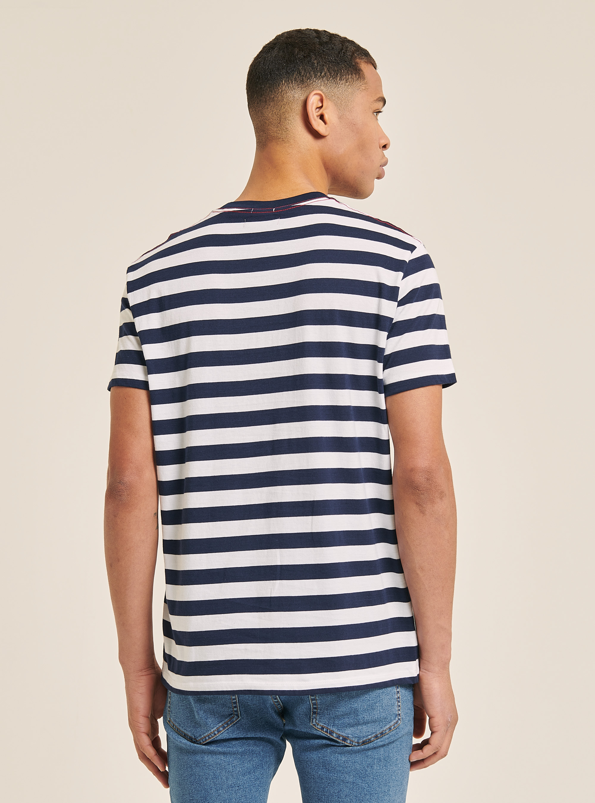 Camiseta de rayas con bolsillo denim, MULTICOLORE