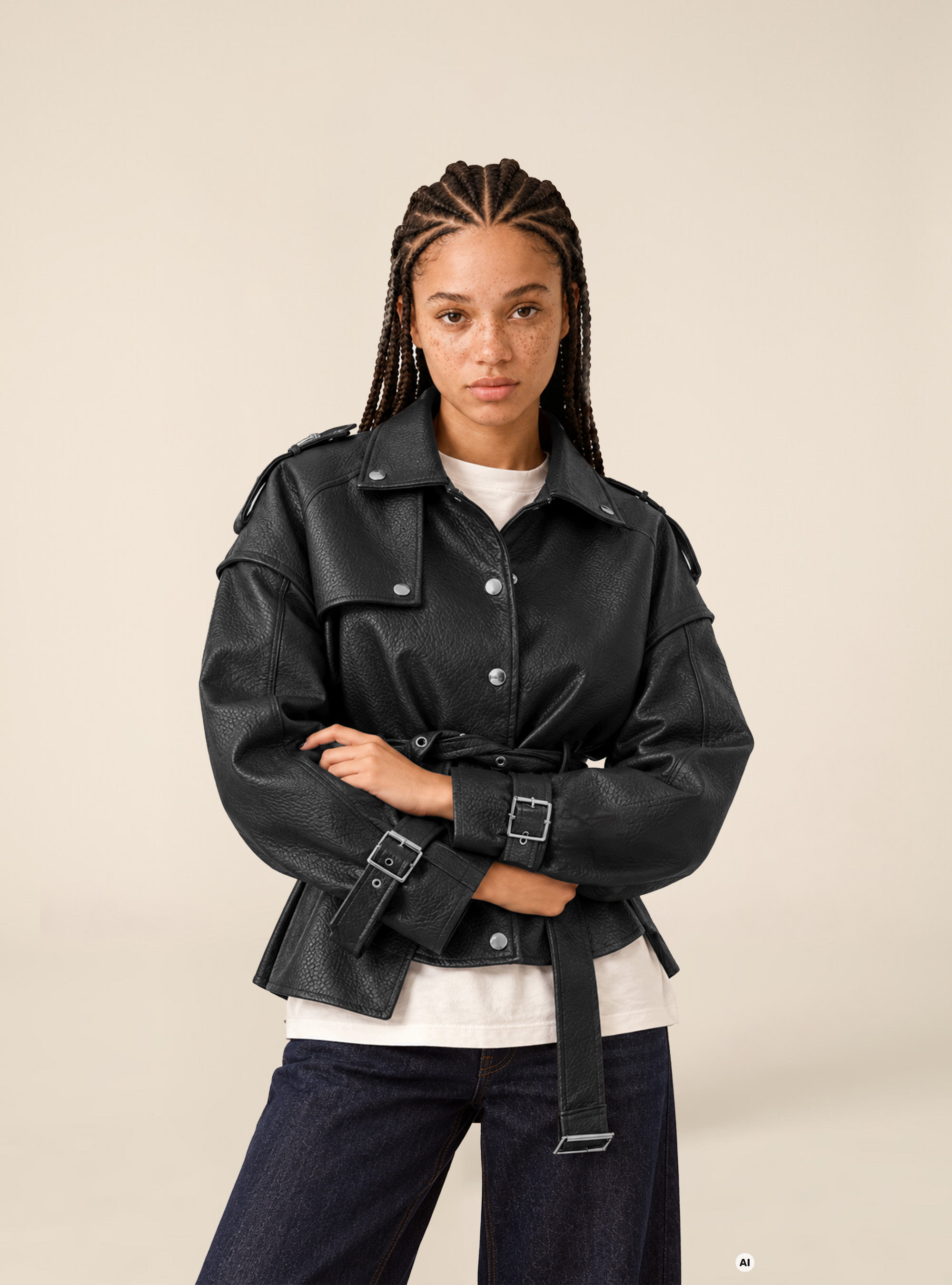 Cropped faux leather trench jacket with belt, BK1 BLACK