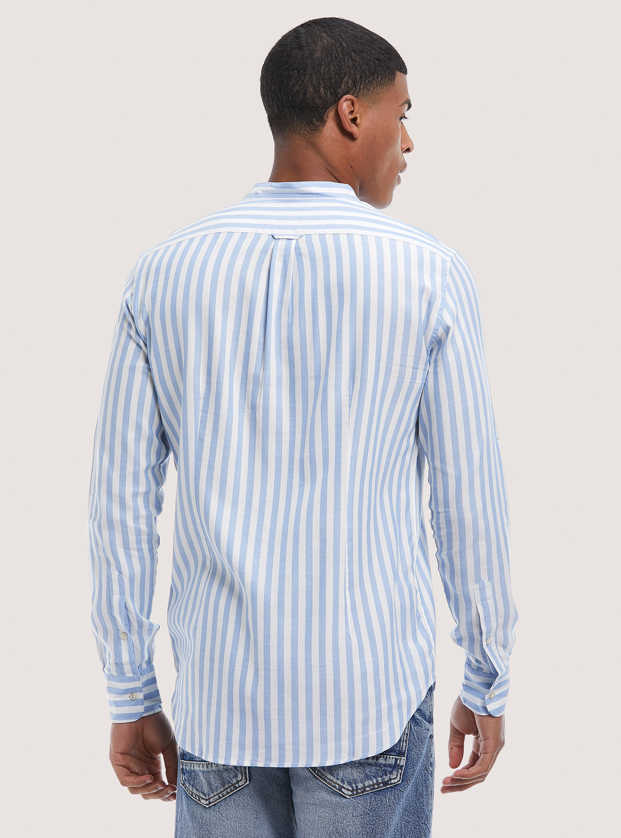 Camisa de rayas con cuello coreano, AZUL