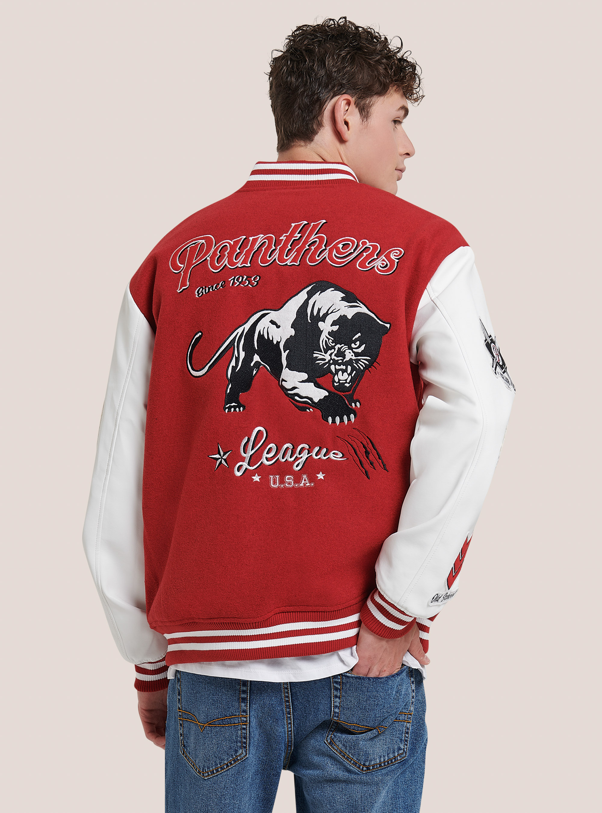 Bomber con maniche in ecopelle e patches, RED