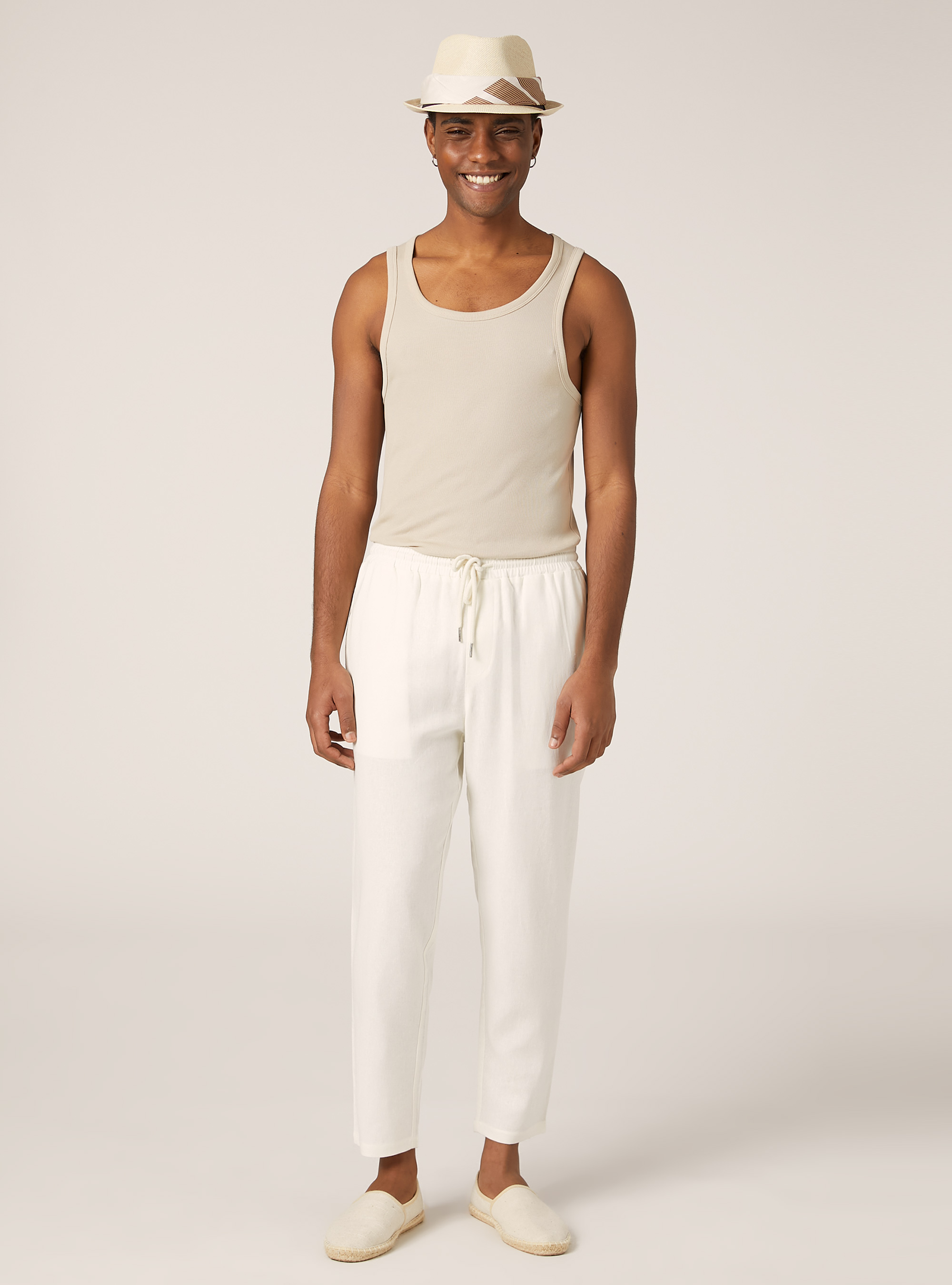 Pantaloni jogger in misto lino, PANNA