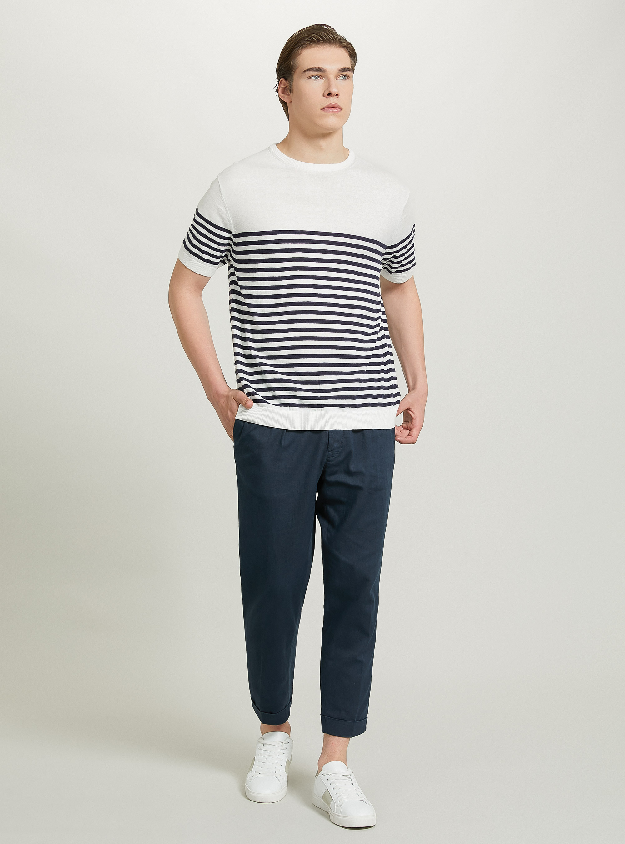 Short-sleeved cotton pullover, BLU/BIANCO B84