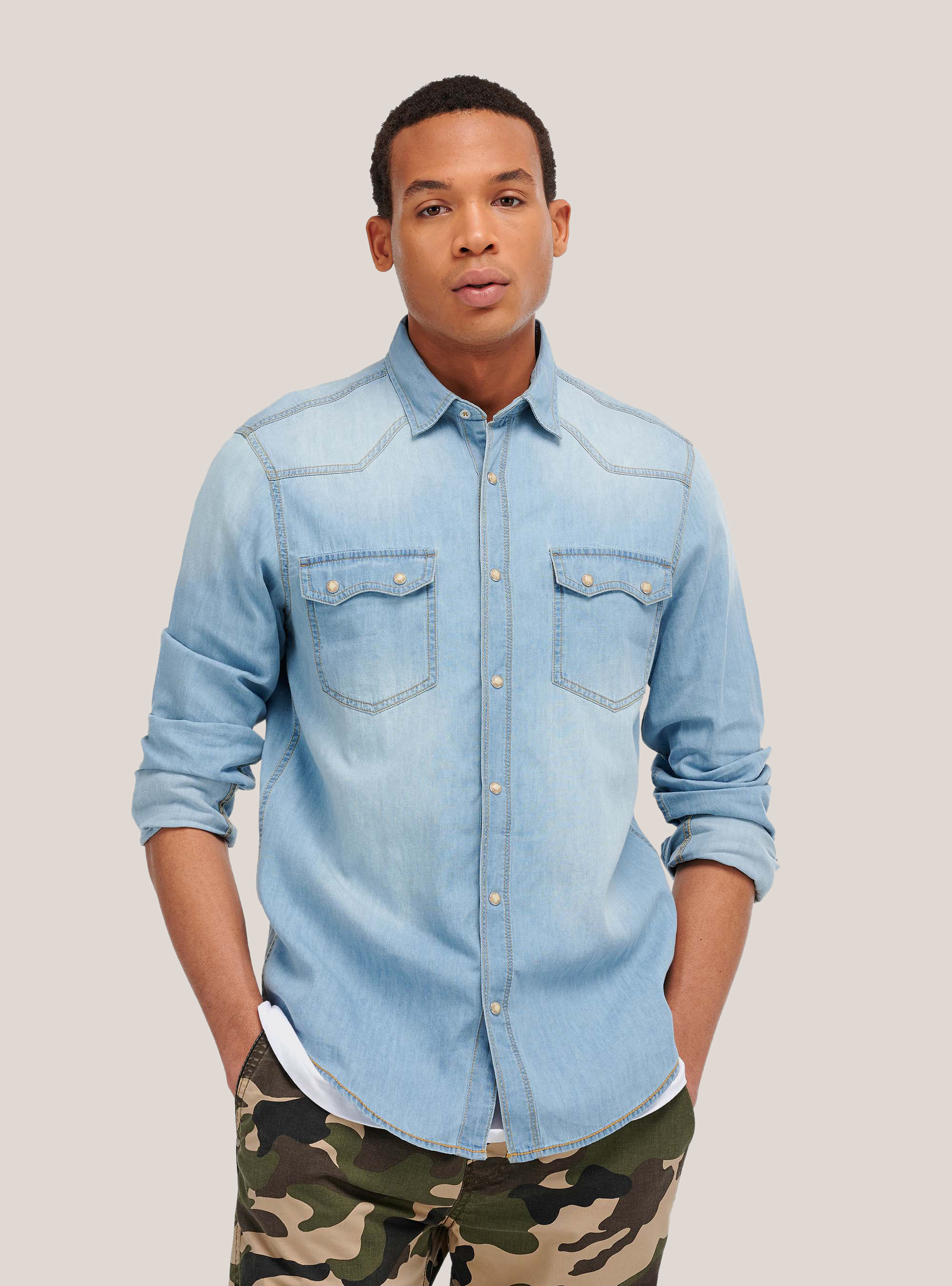 Denim shirt with long sleeves, AZURE