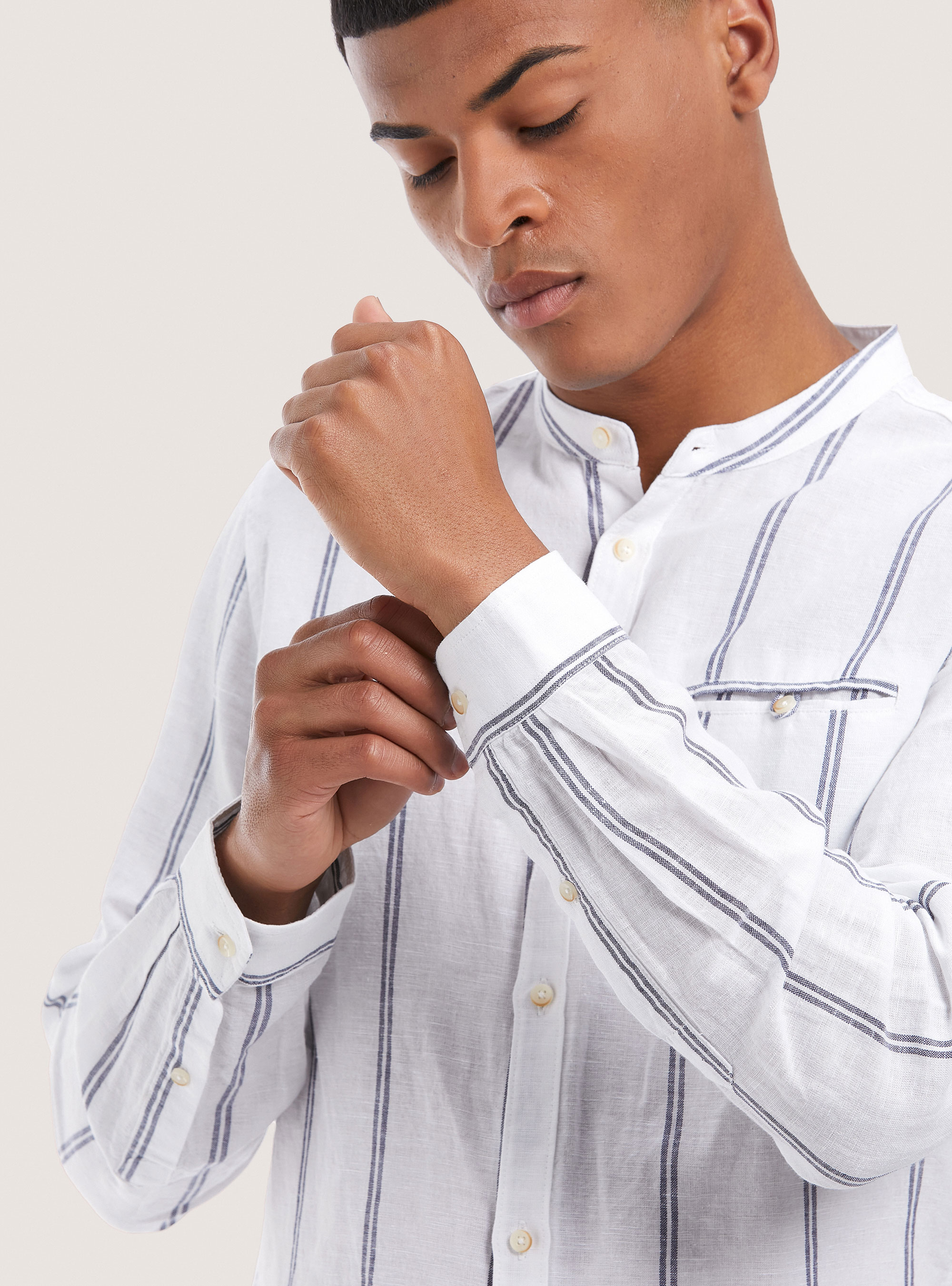 Linen blend striped shirt, BLUE NAVY