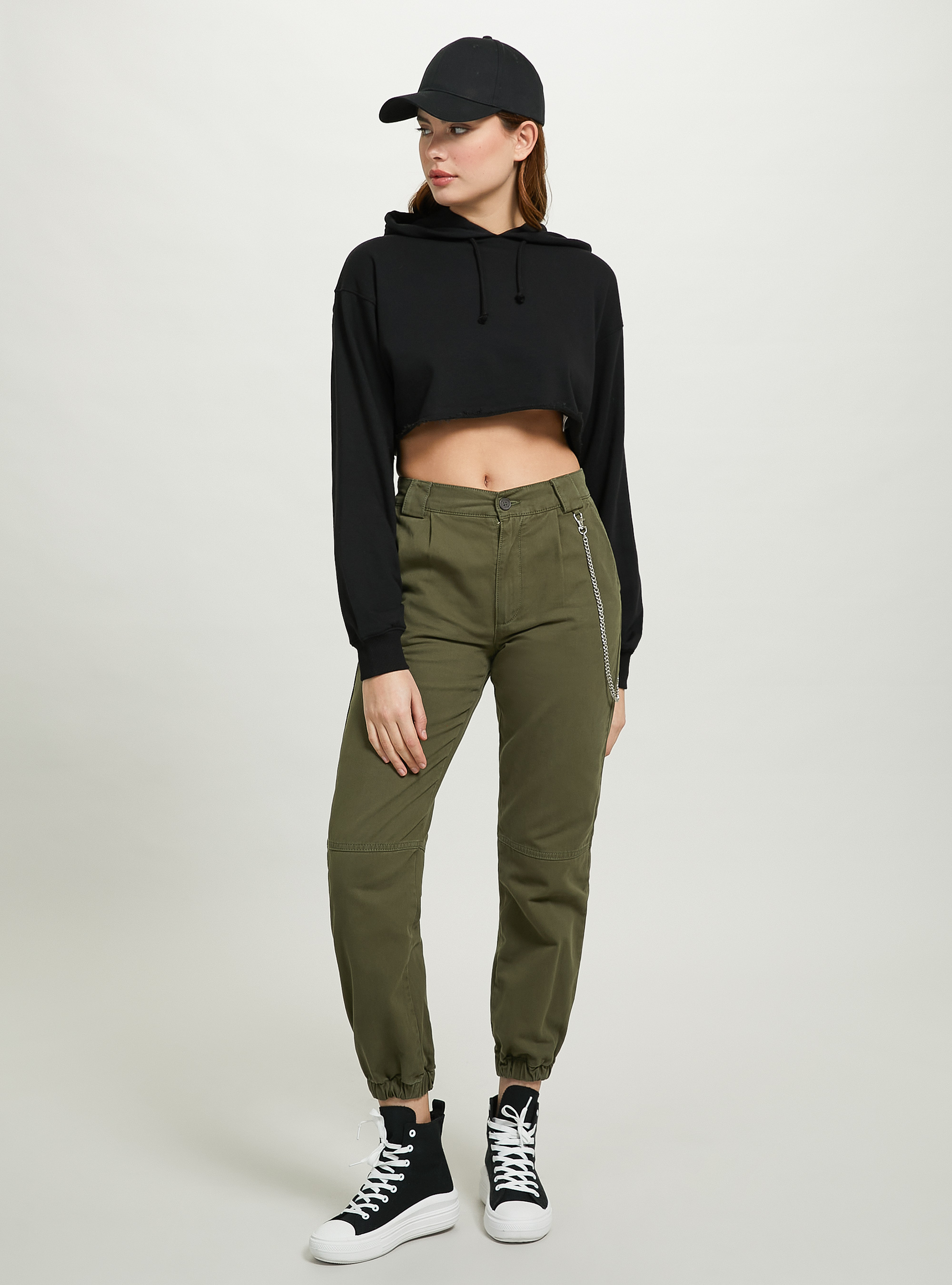 Cropped hooded sweatshirt, BK1 BLACK