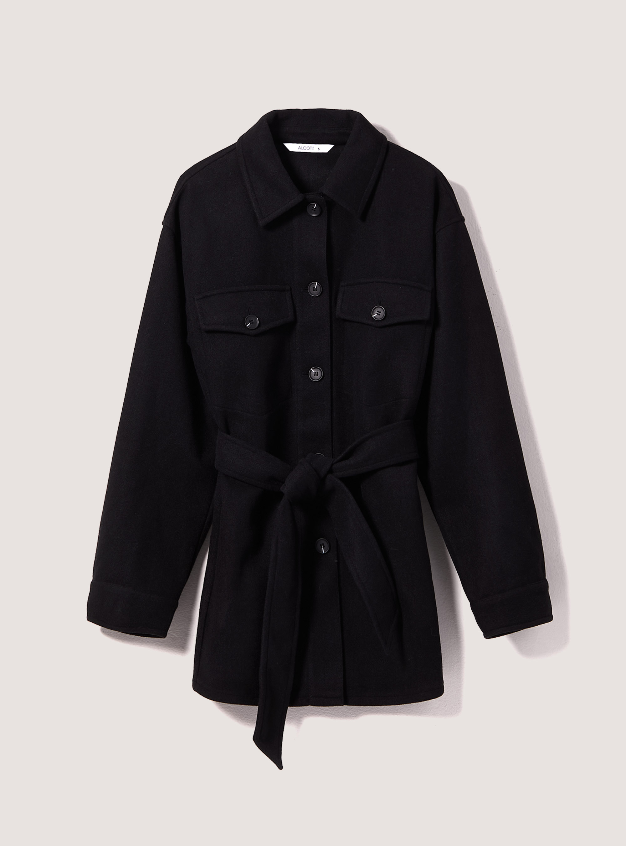 Chaqueta camisera oversize de tacto suave con cinturón, NEGRO