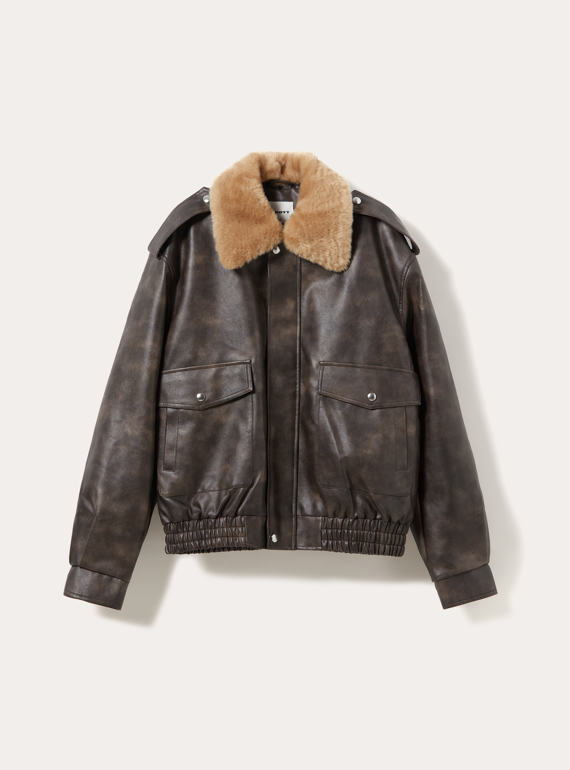 Bomber effetto pelle con collo in pelliccia, BR1 BROWN DARK