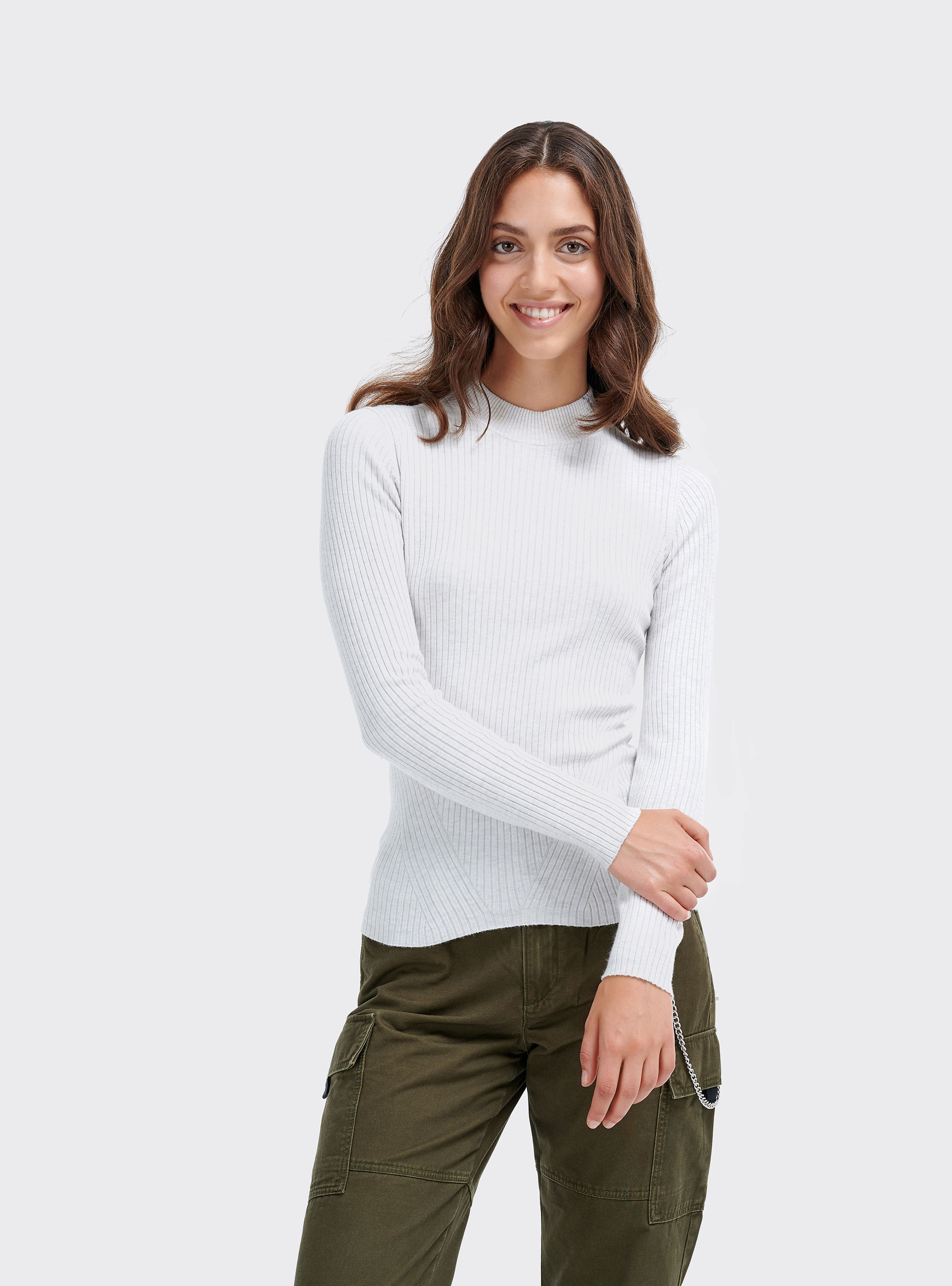 Half-neck pullover in ribbed knit, WHITE MELANGE