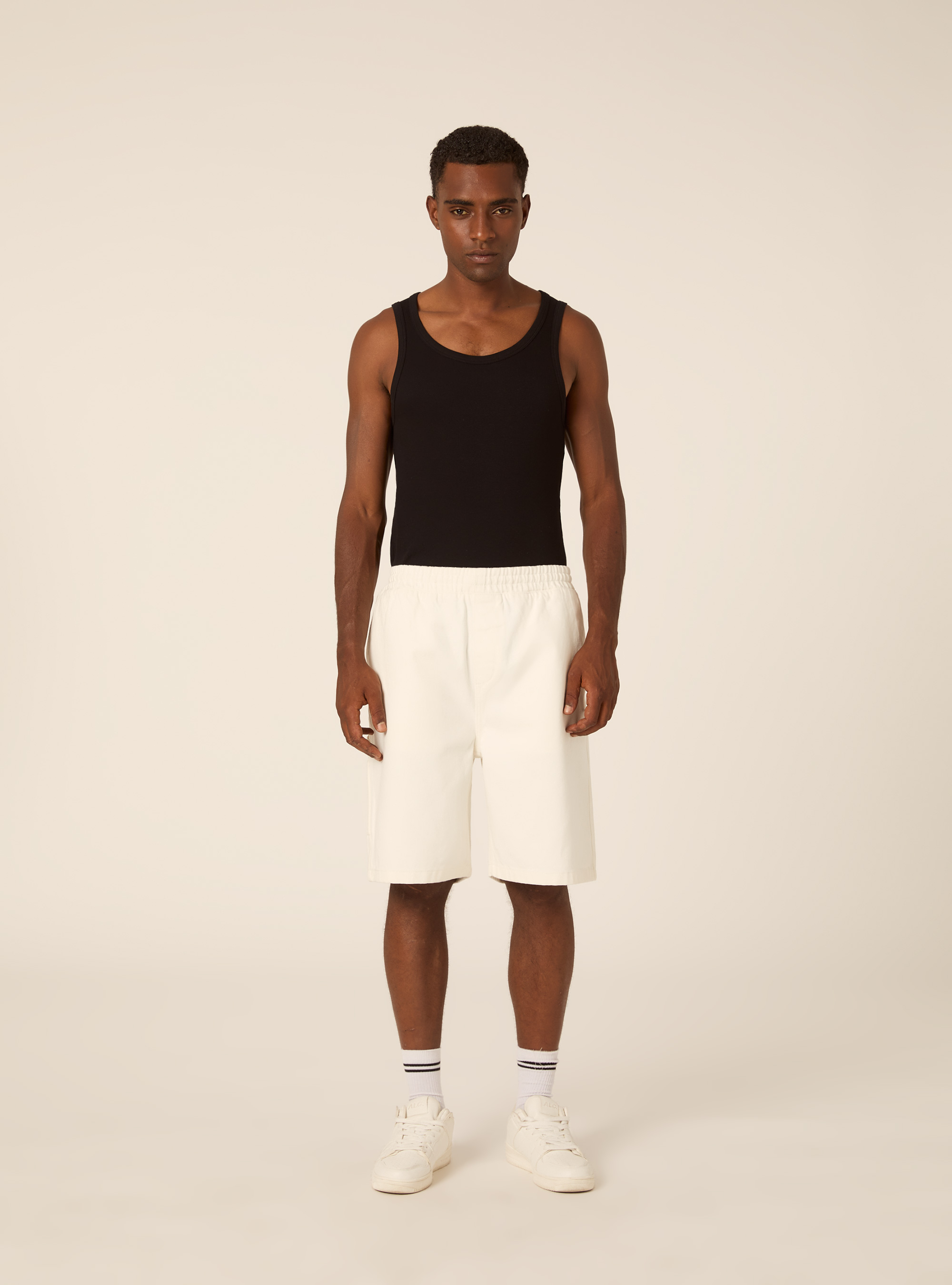 Bermuda carpenter con elastico in vita in twill, WH1 OFF WHITE