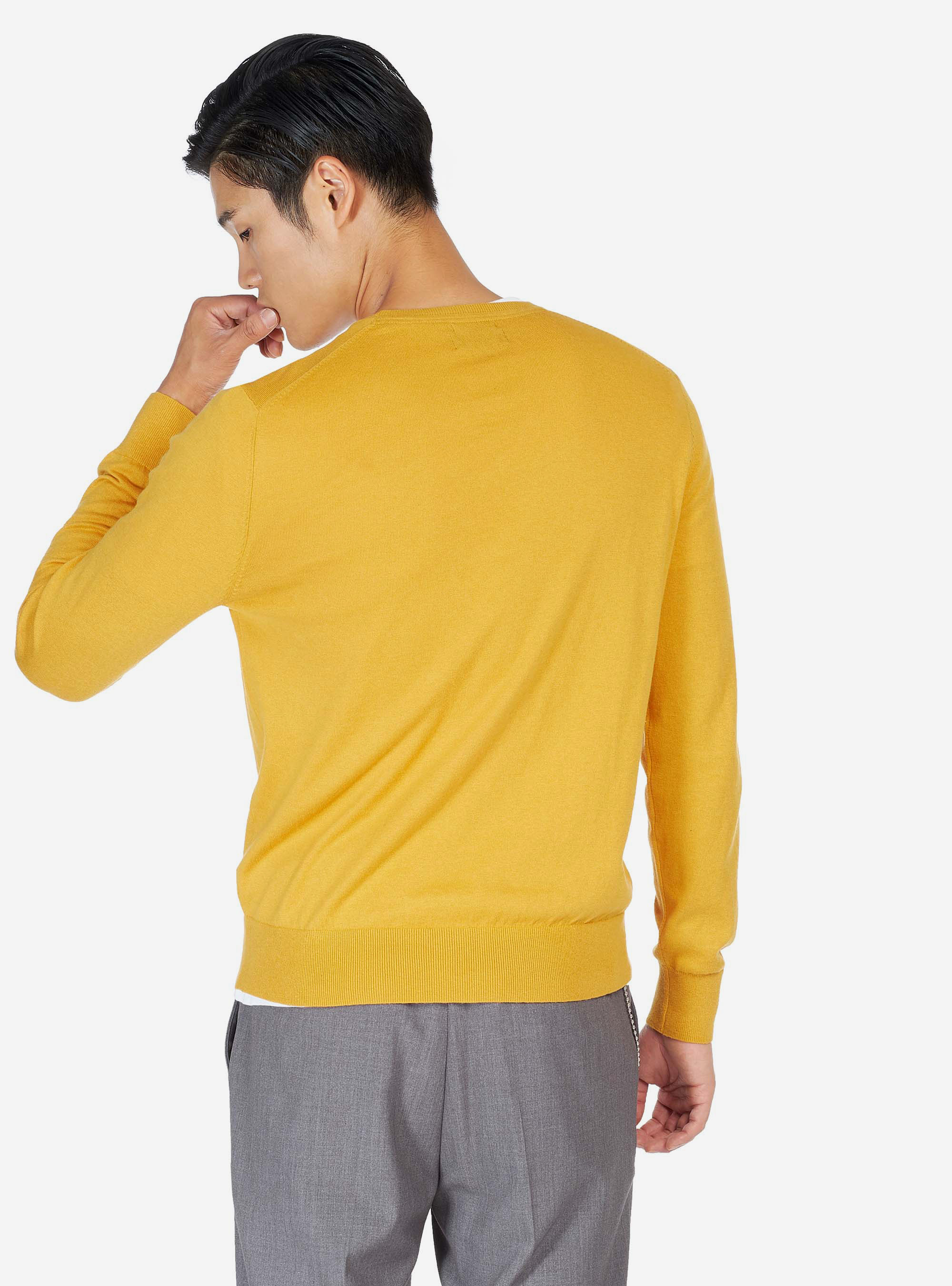 Pull col rond en coton soie et cachemire, C7751 SENAPE