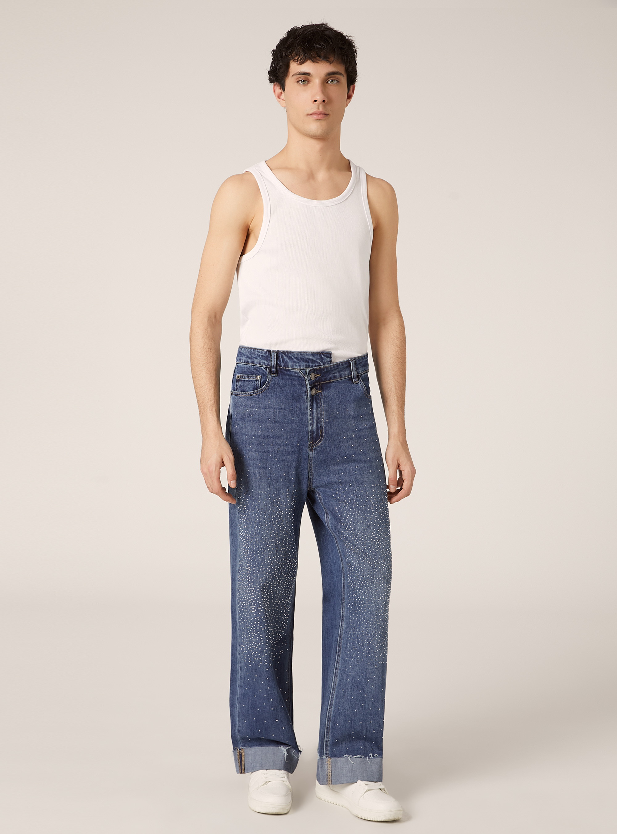 Wide leg jeans with rhinestones and asymmetric waistband, D003 MEDIUM BLUE