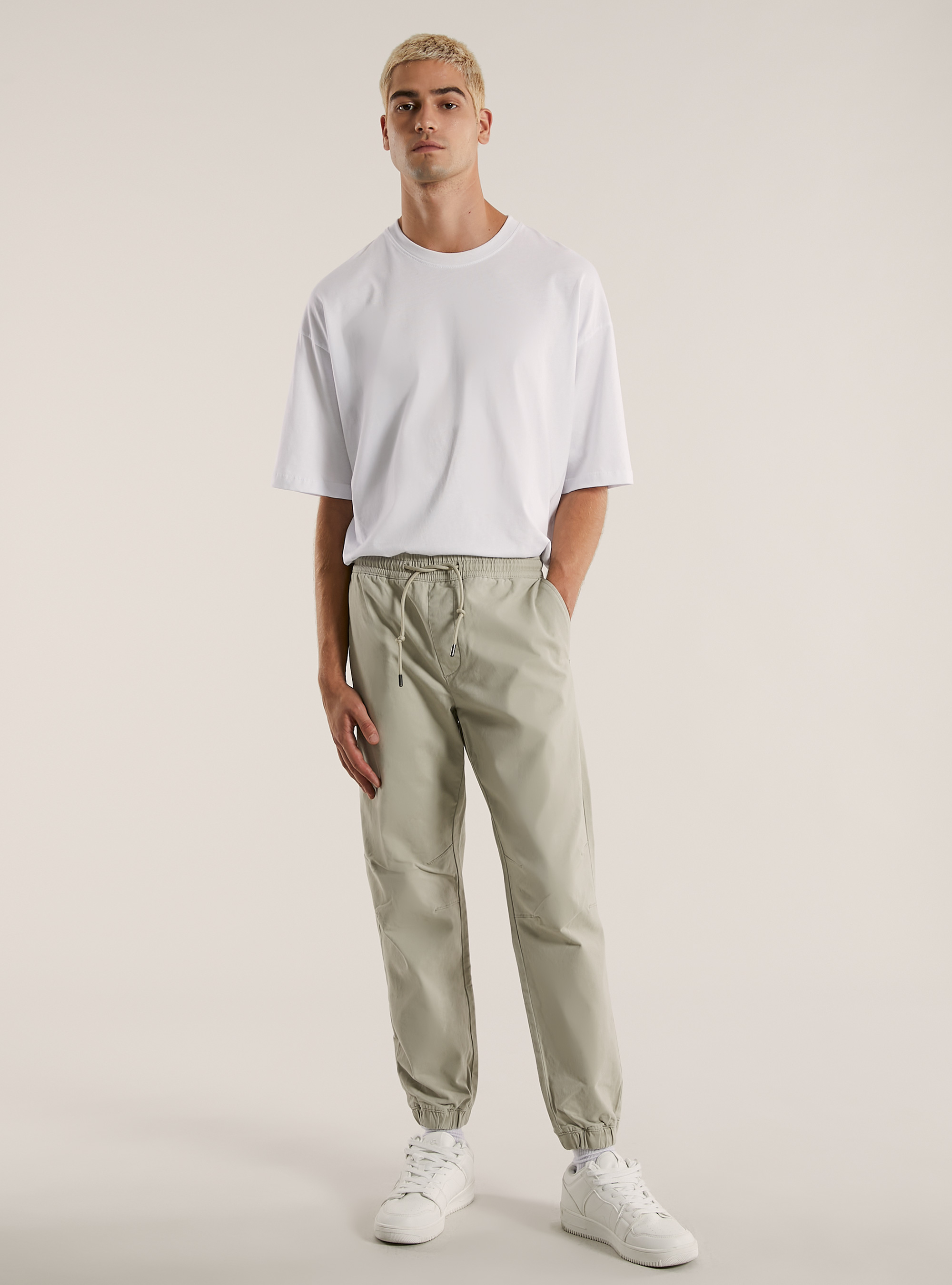 Cotton jogger trousers with elastic band and drawstring, BG2 BEIGE MEDIUM