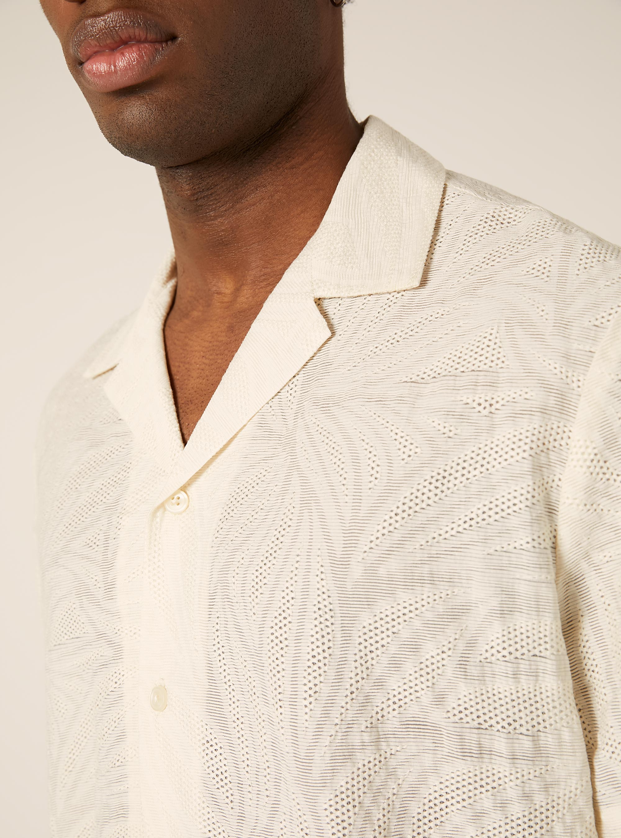 Textured Leaf Print Bowling Shirt, WH1 OFF WHITE