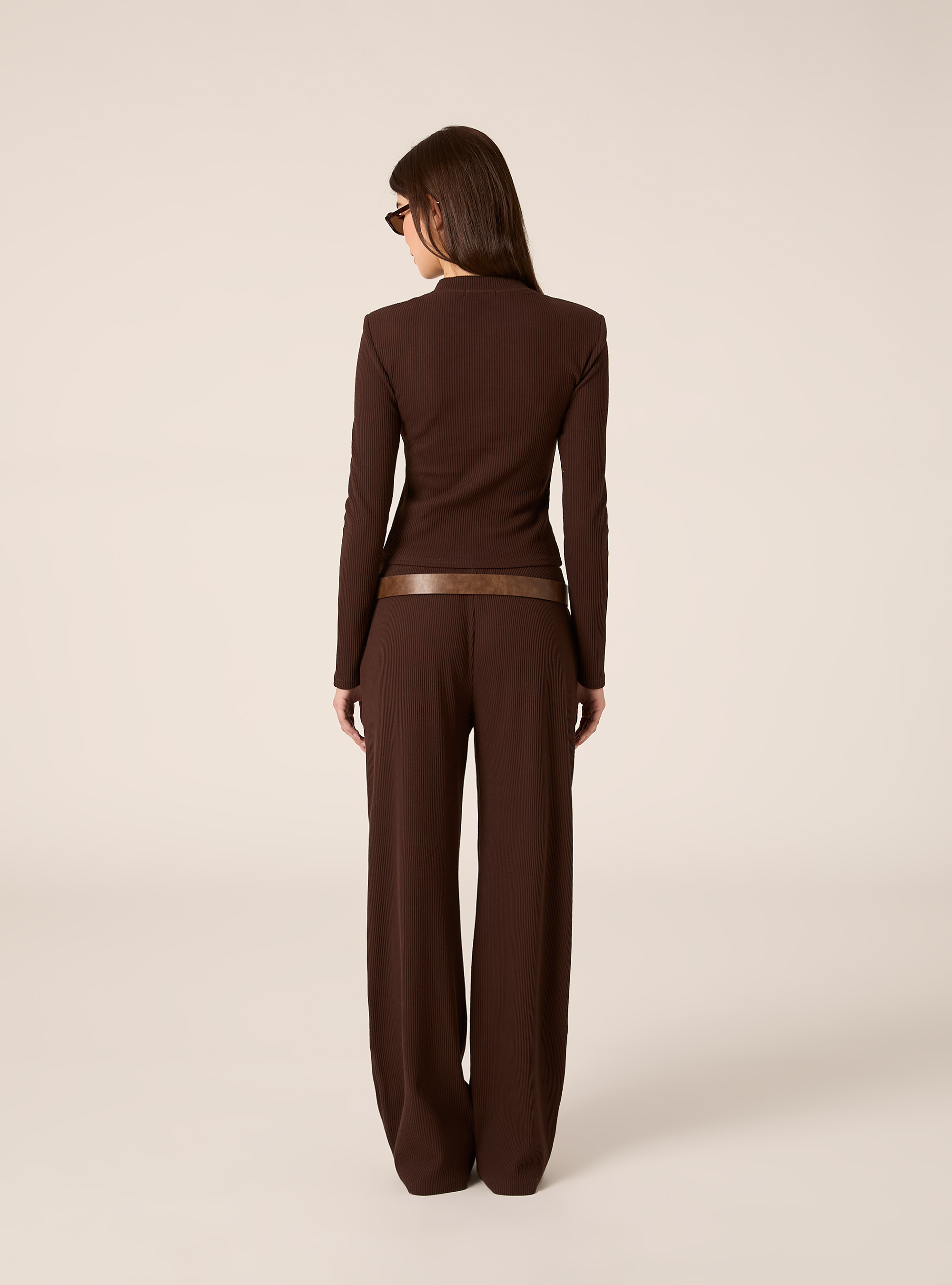 Cardigan in maglia a coste con spalline imbottite, BR1 BROWN DARK