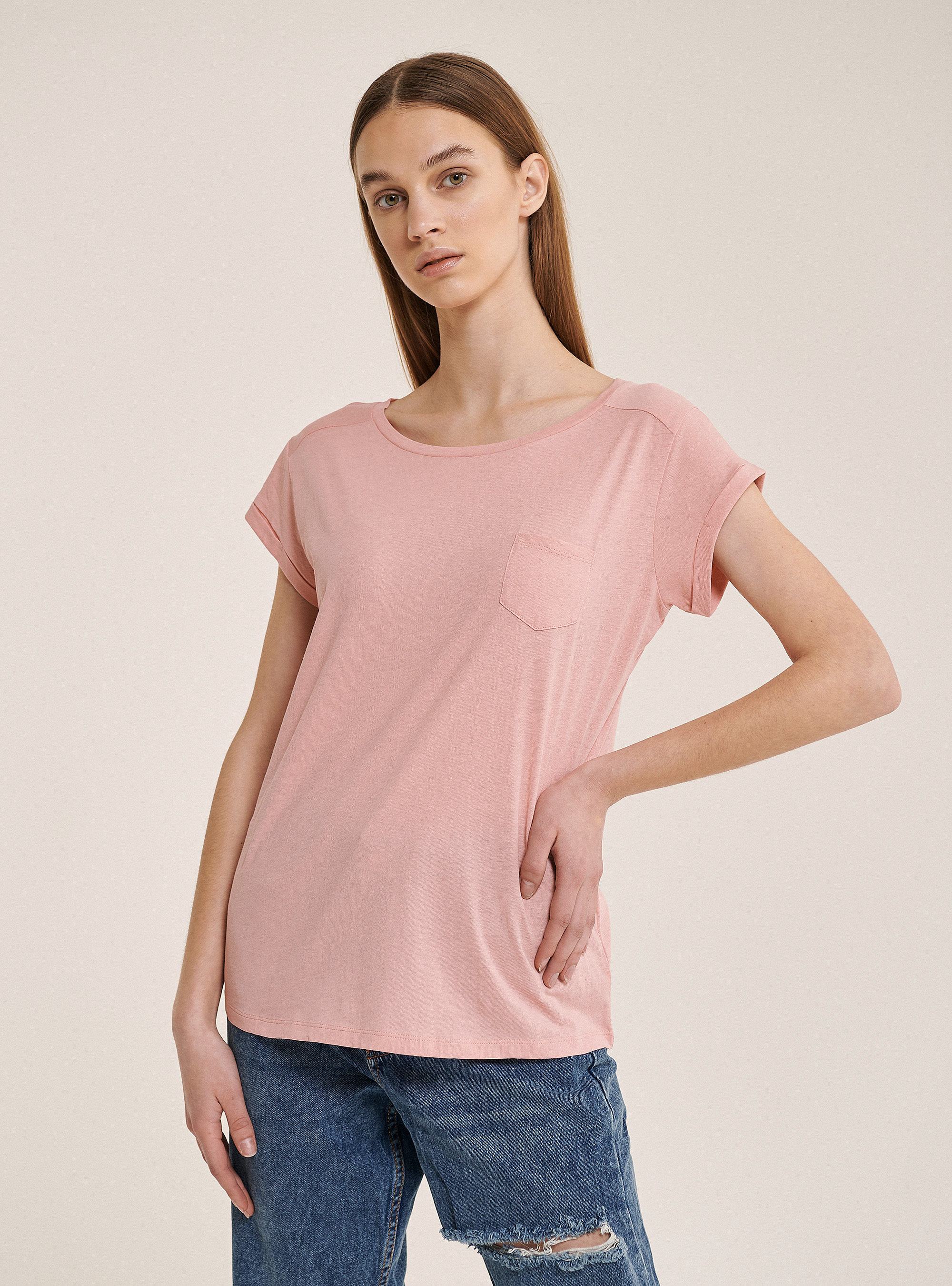 Basic cotton T-shirt with breast pocket, C4400 PINK