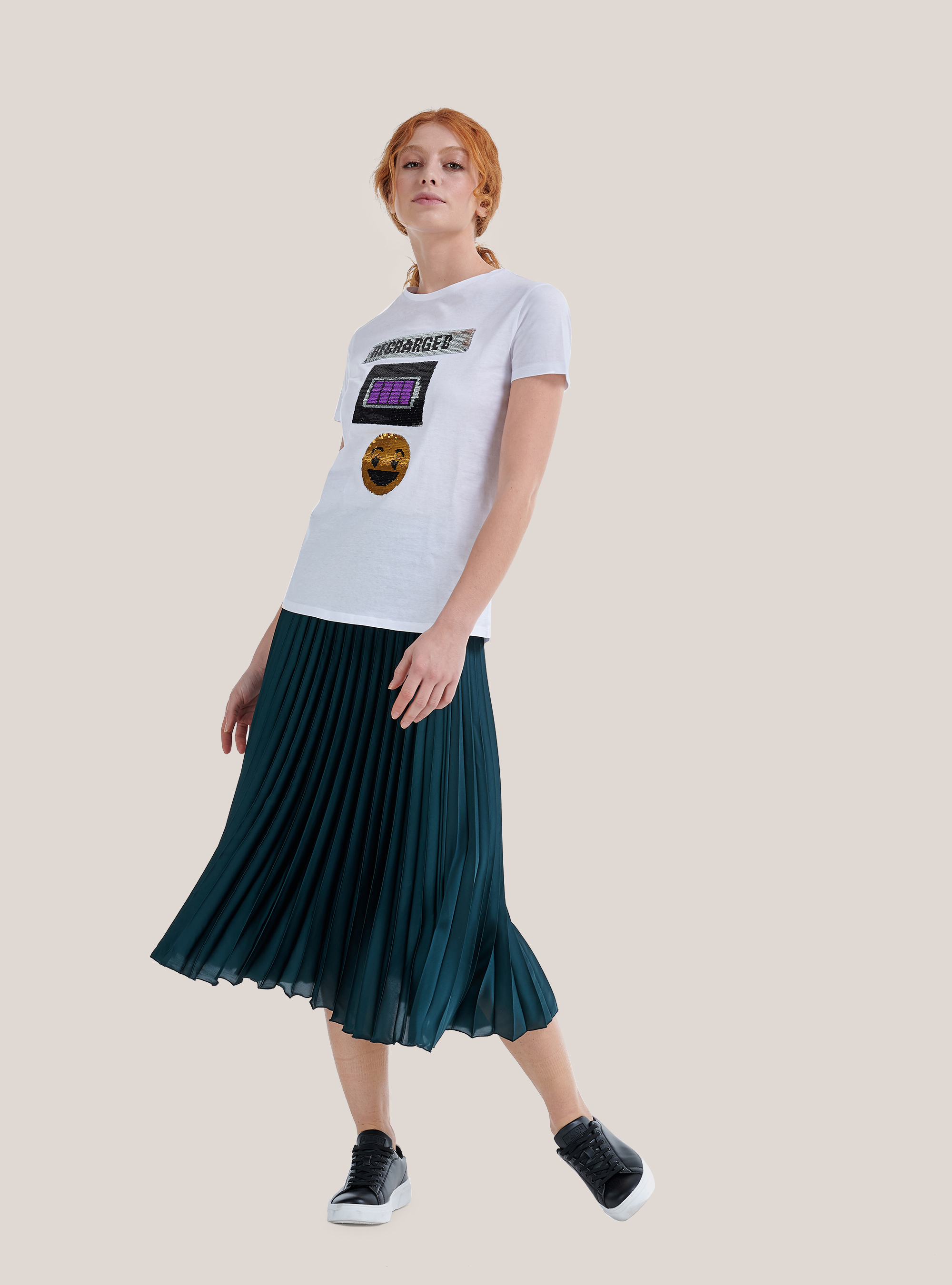 Cotton T-shirt with sequined smiley face, WHITE