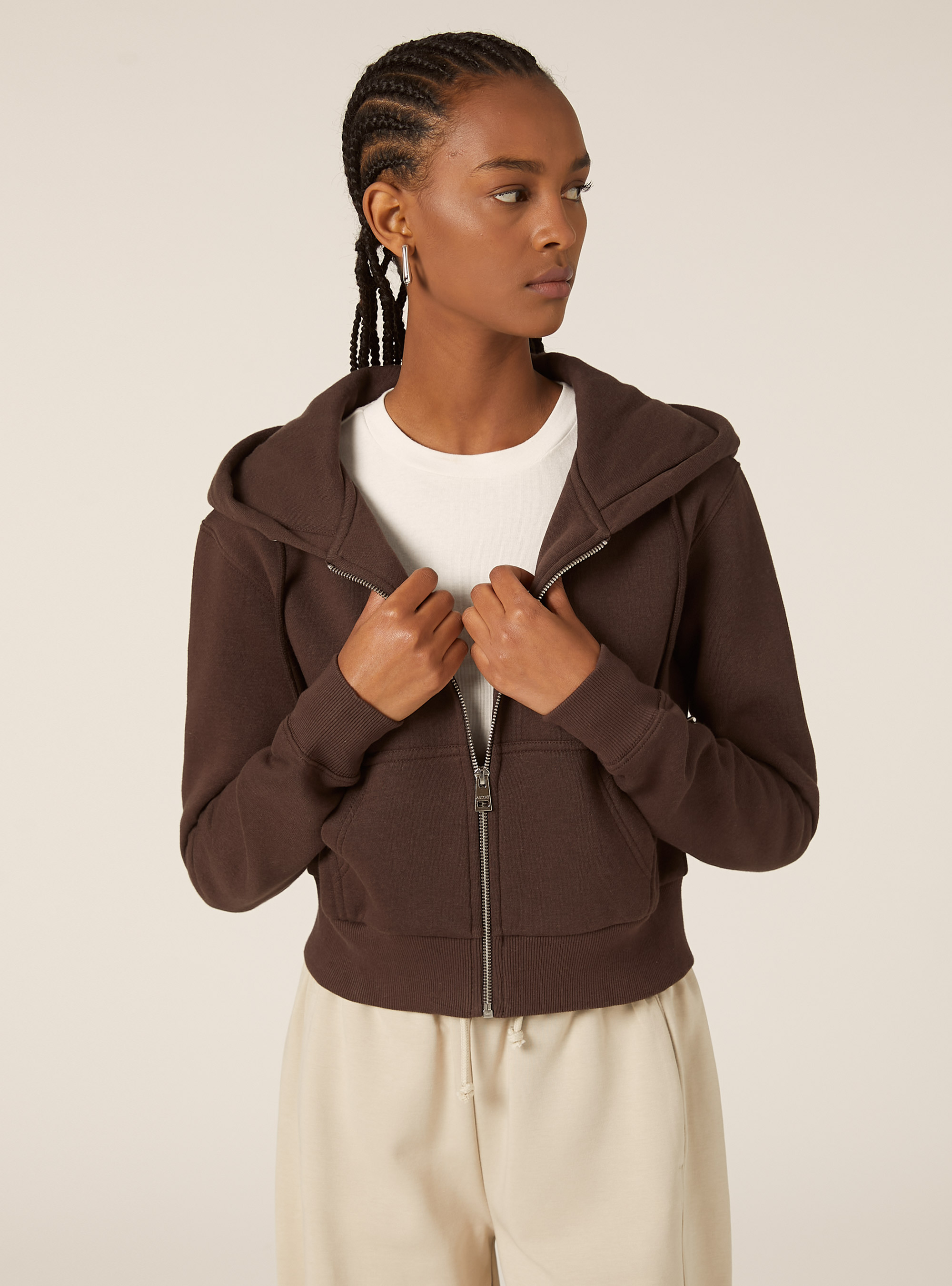 Sweat à capuche zippé court, BR1 BROWN DARK