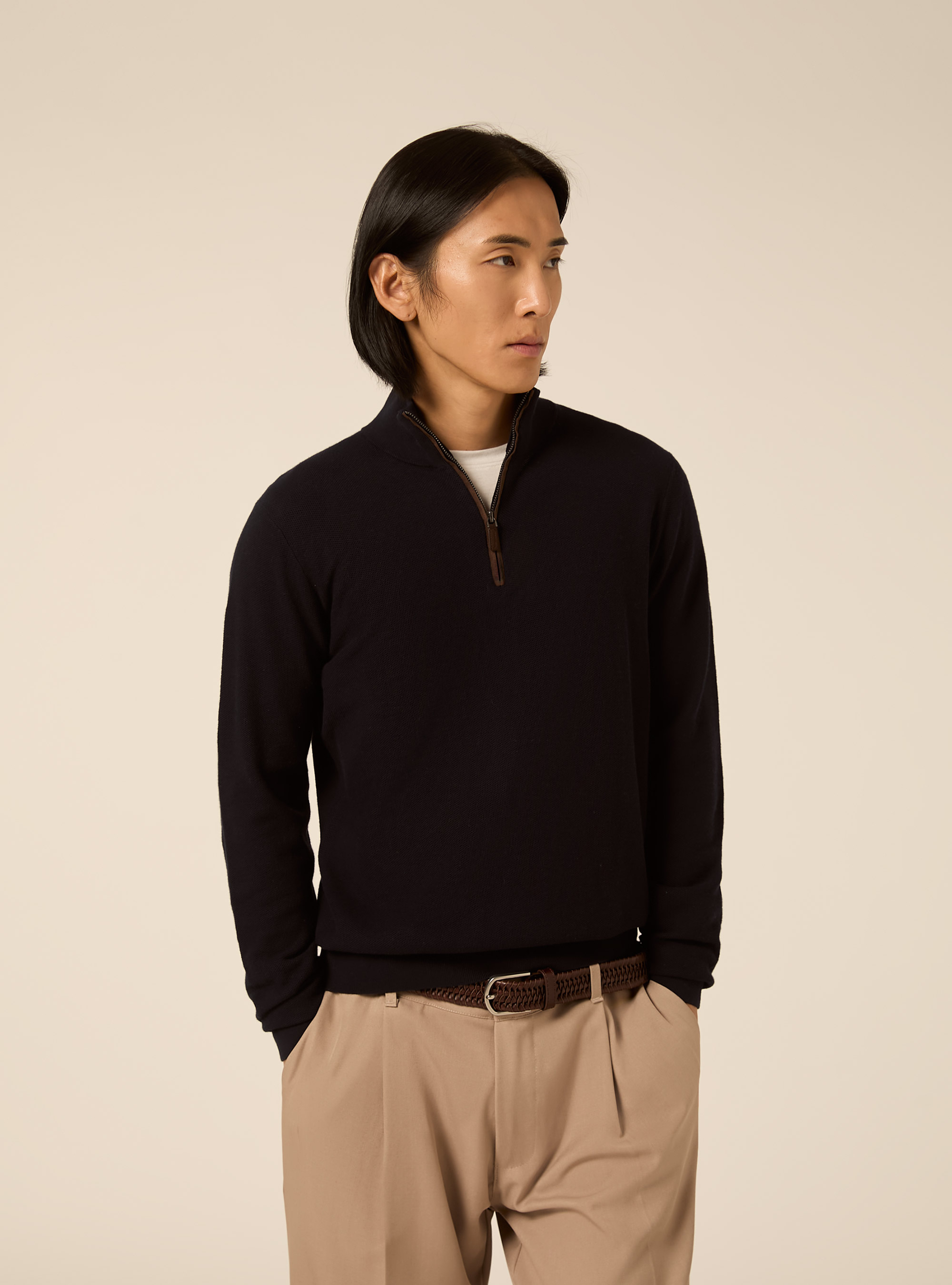 Half zip pullover aus kaschmirmischung mit stehkragen, NA1 NAVY DARK