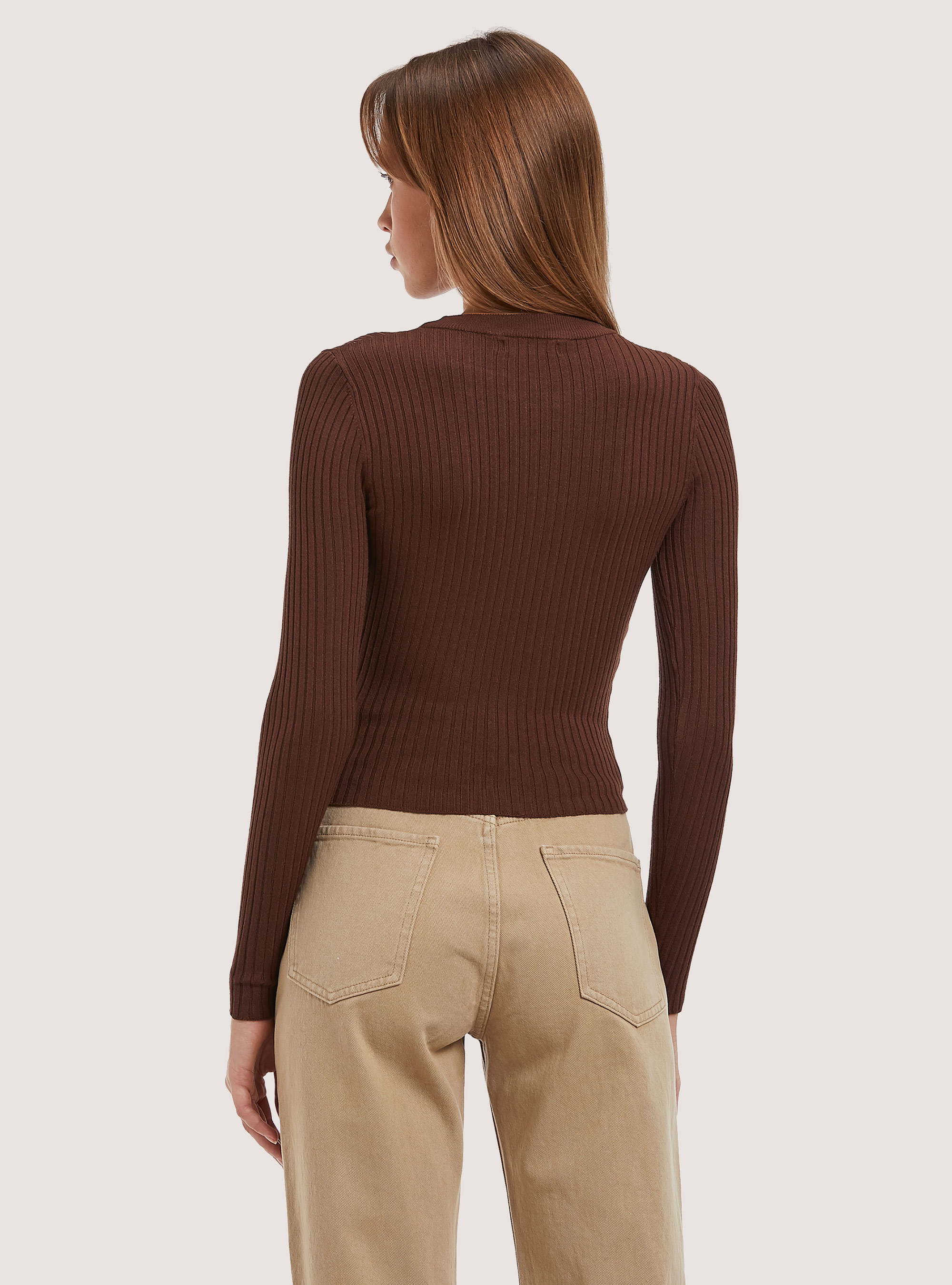 Soft cropped ribbed stretch pullover, BR2 BROWN MEDIUM