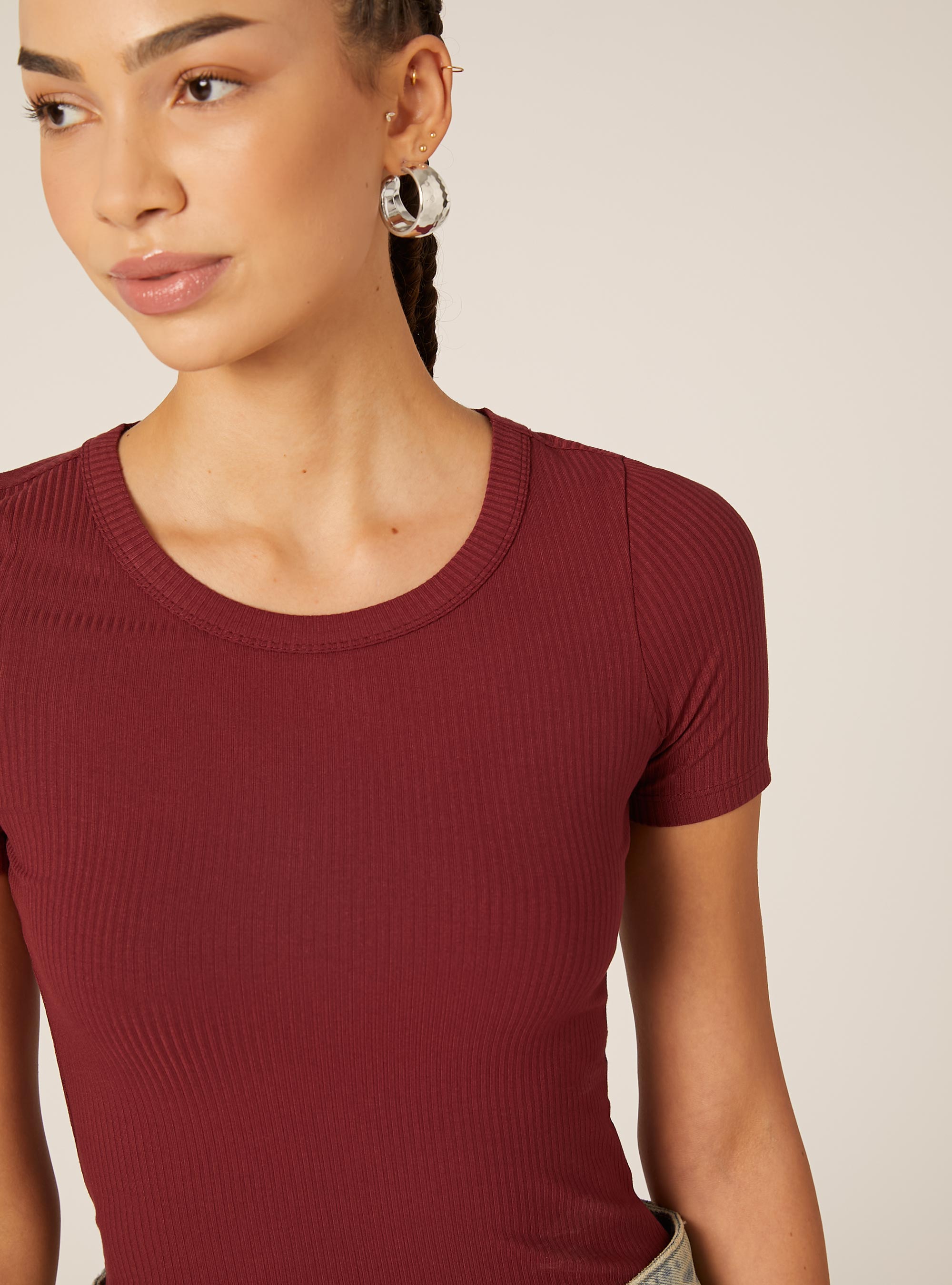 Body à manches courtes cotelées, BO1 BORDEAUX DARK