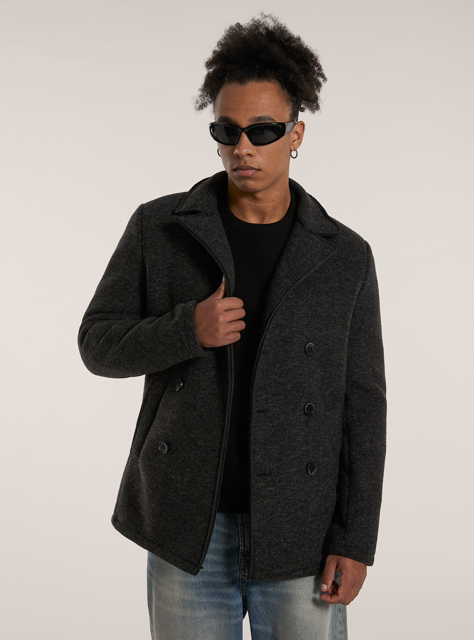 Cappotto doppiopetto con cappuccio trapuntato, MGY1 GREY MEL DARK