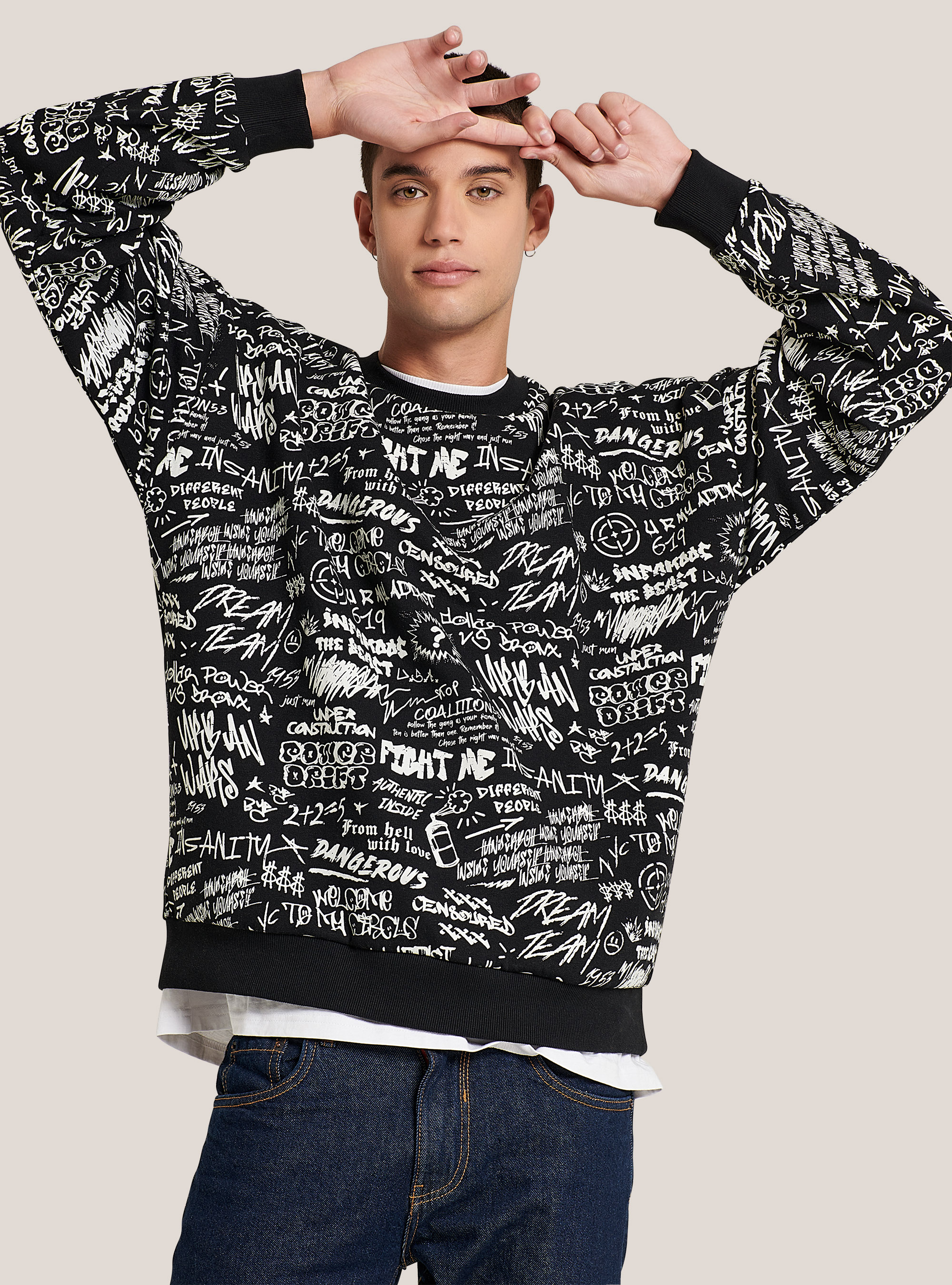 Felpa girocollo all over printed, ROCKSTAR