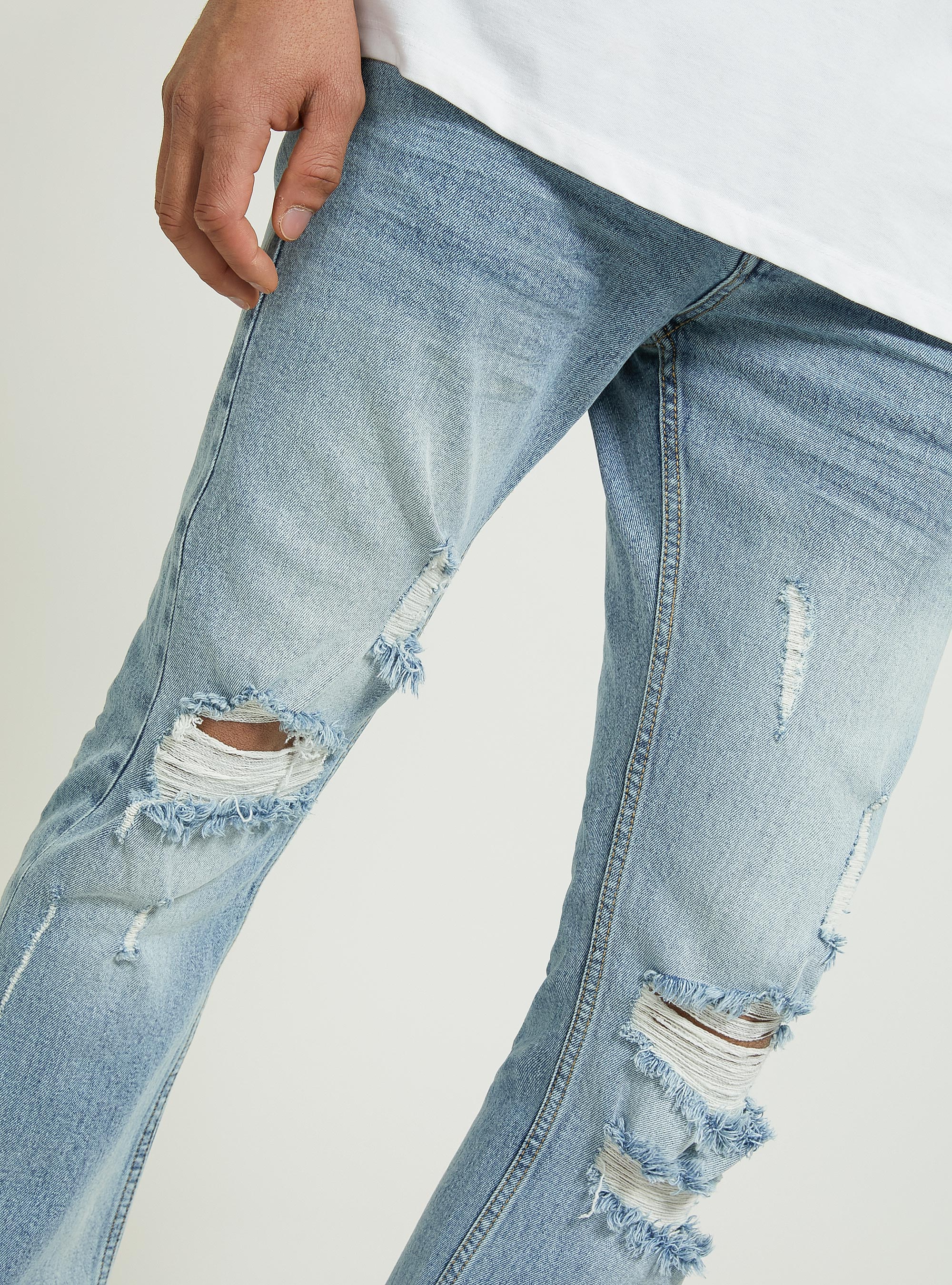 Slim fit stretch denim jeans with rips, D003 MEDIUM BLUE