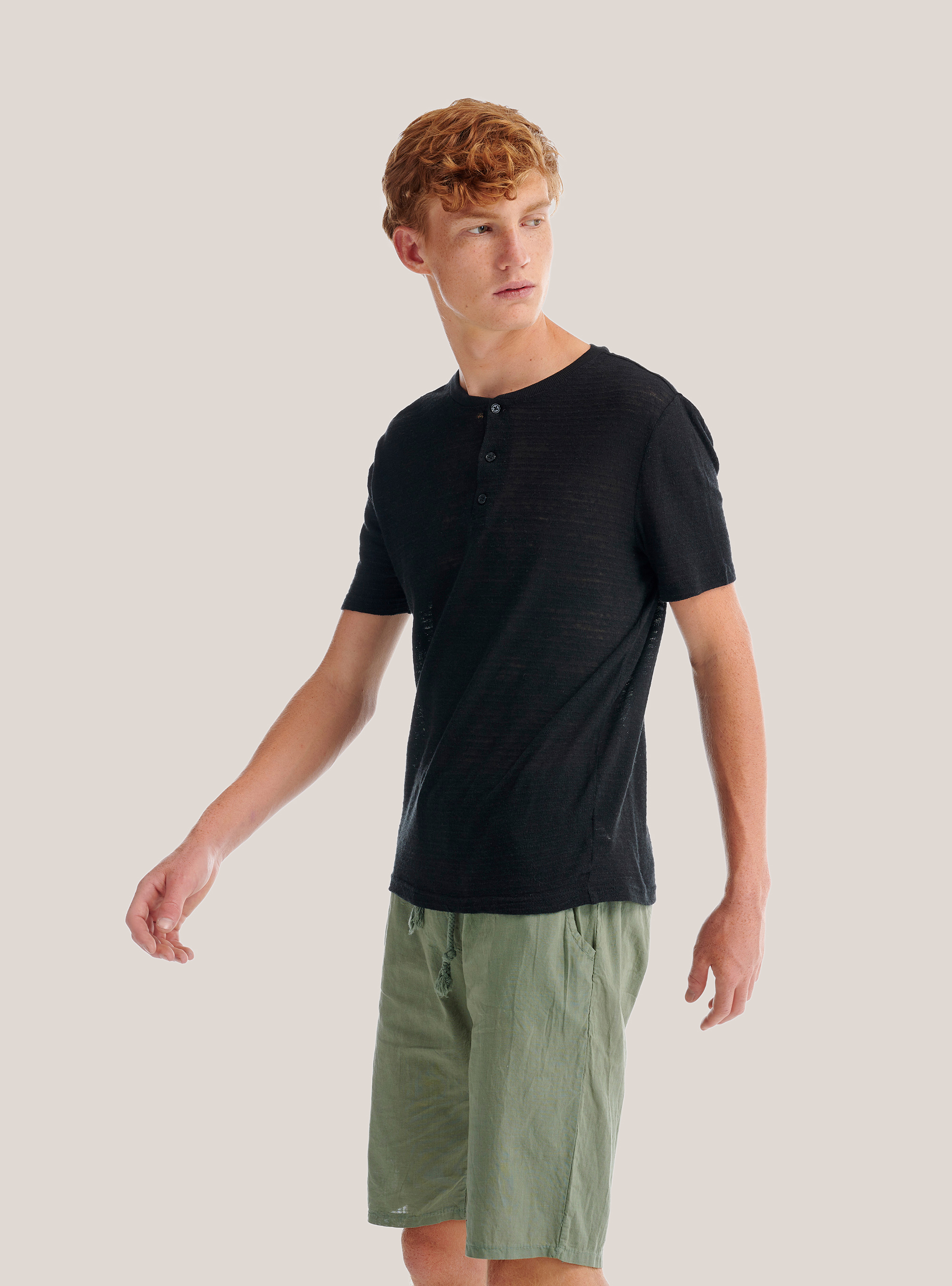 Maglietta serafino in misto lino, NERO