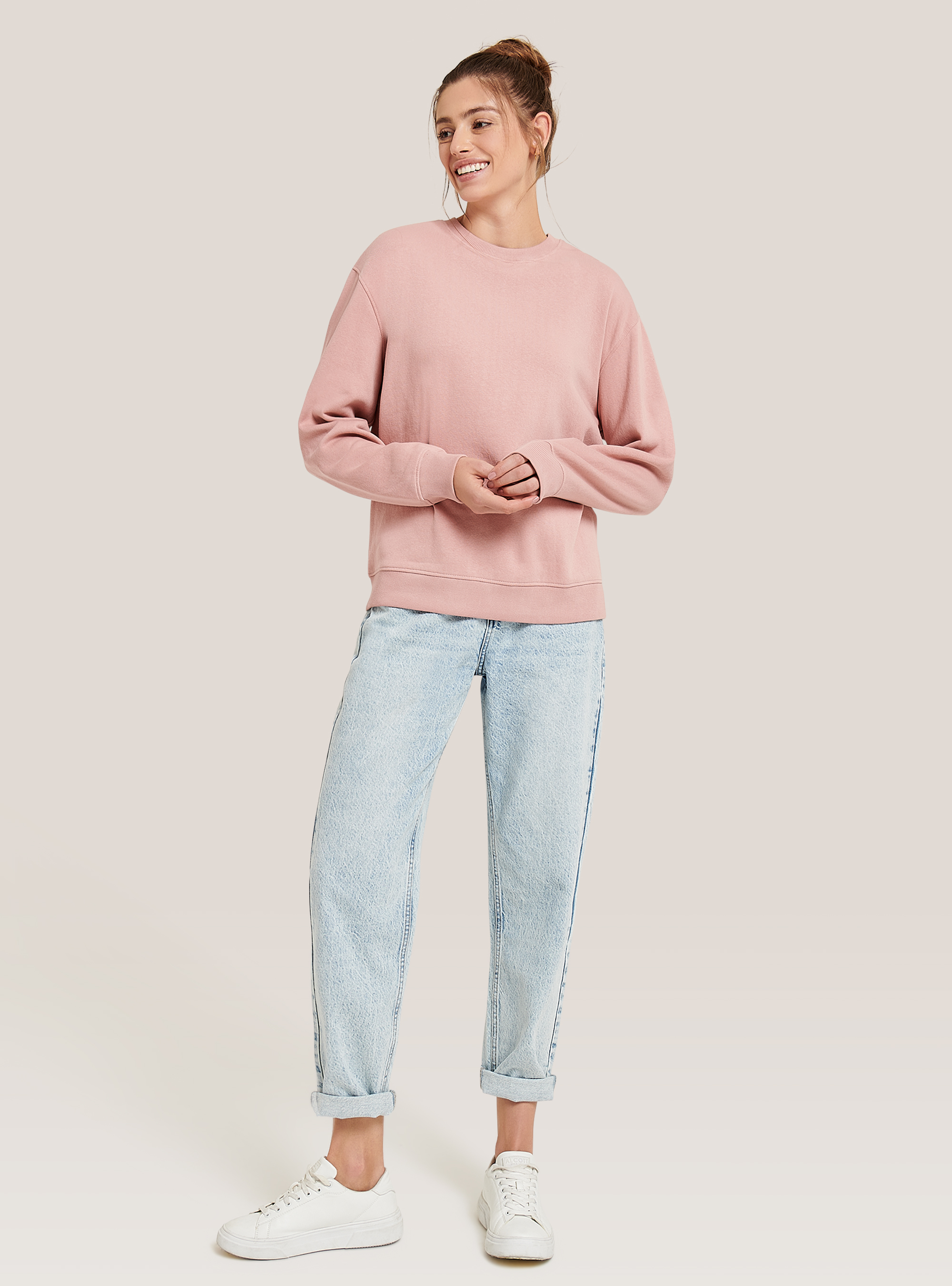 Basic round-neck cotton sweatshirt, PINK