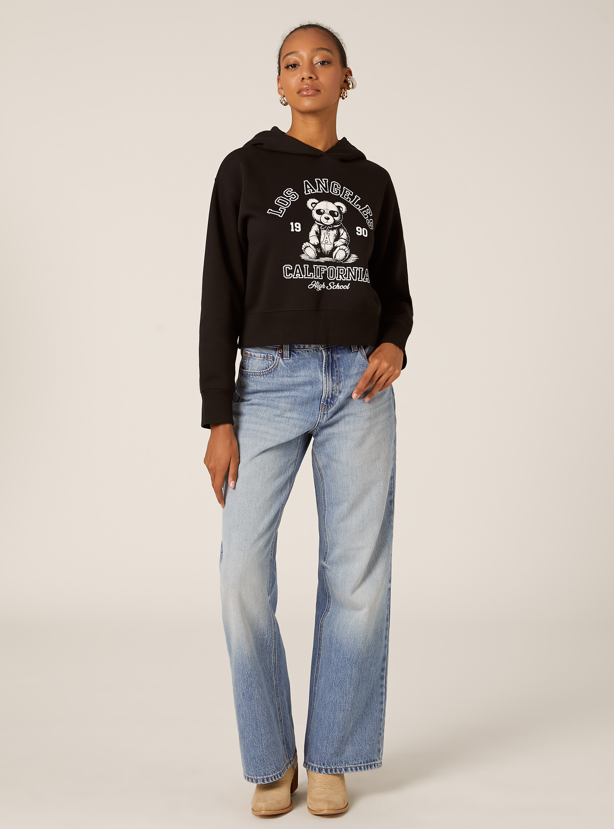 Felpa boxy cappuccio con stampa teddy, BK1 BLACK