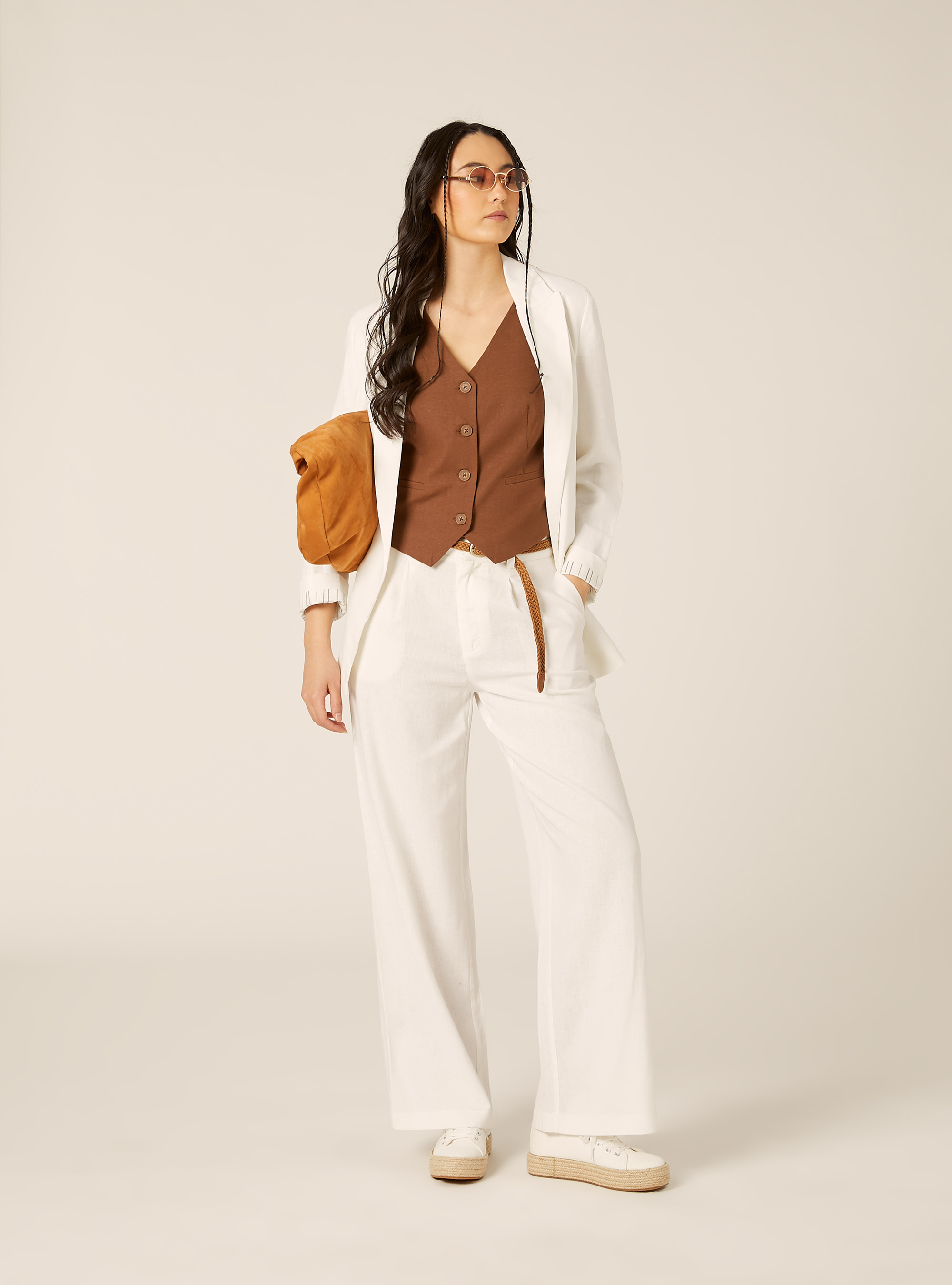 Linen Blend Trousers with Belt, WH2 WHITE