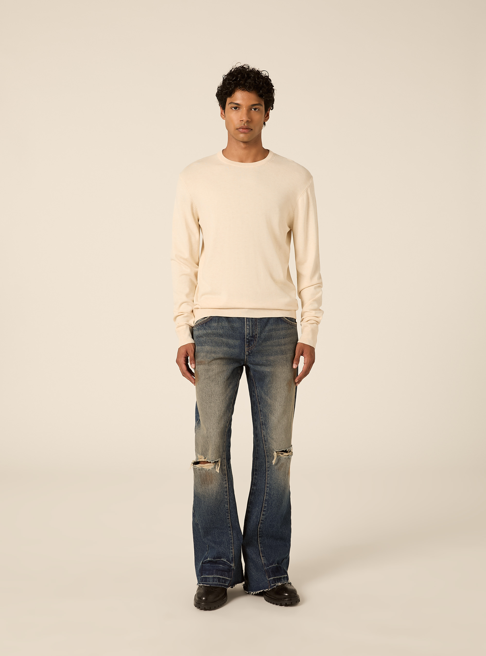 Pullover girocollo in viscosa, CREMA CHIARO MELANGE
