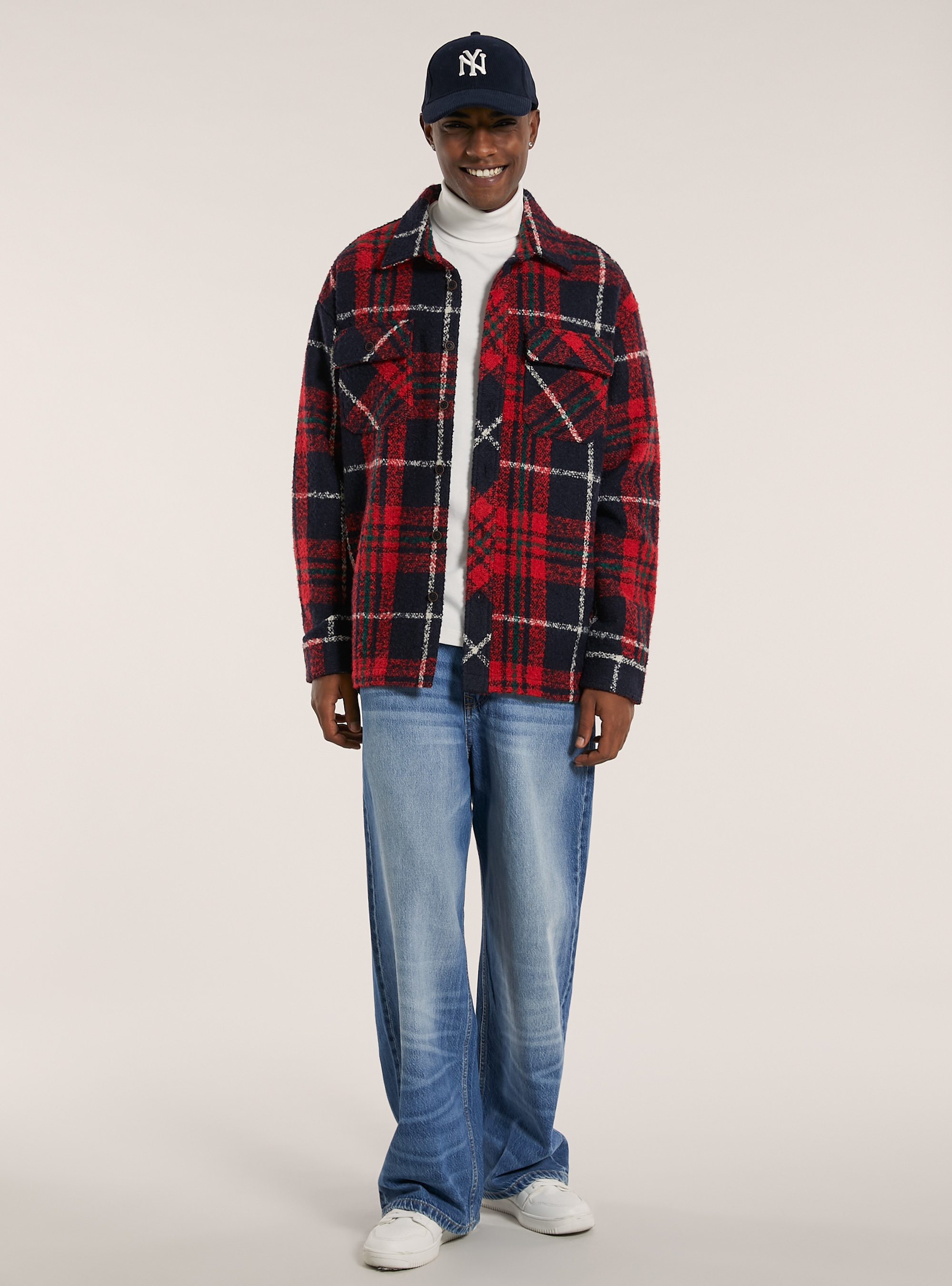Checked bouclé shirt jacket, C338 RED