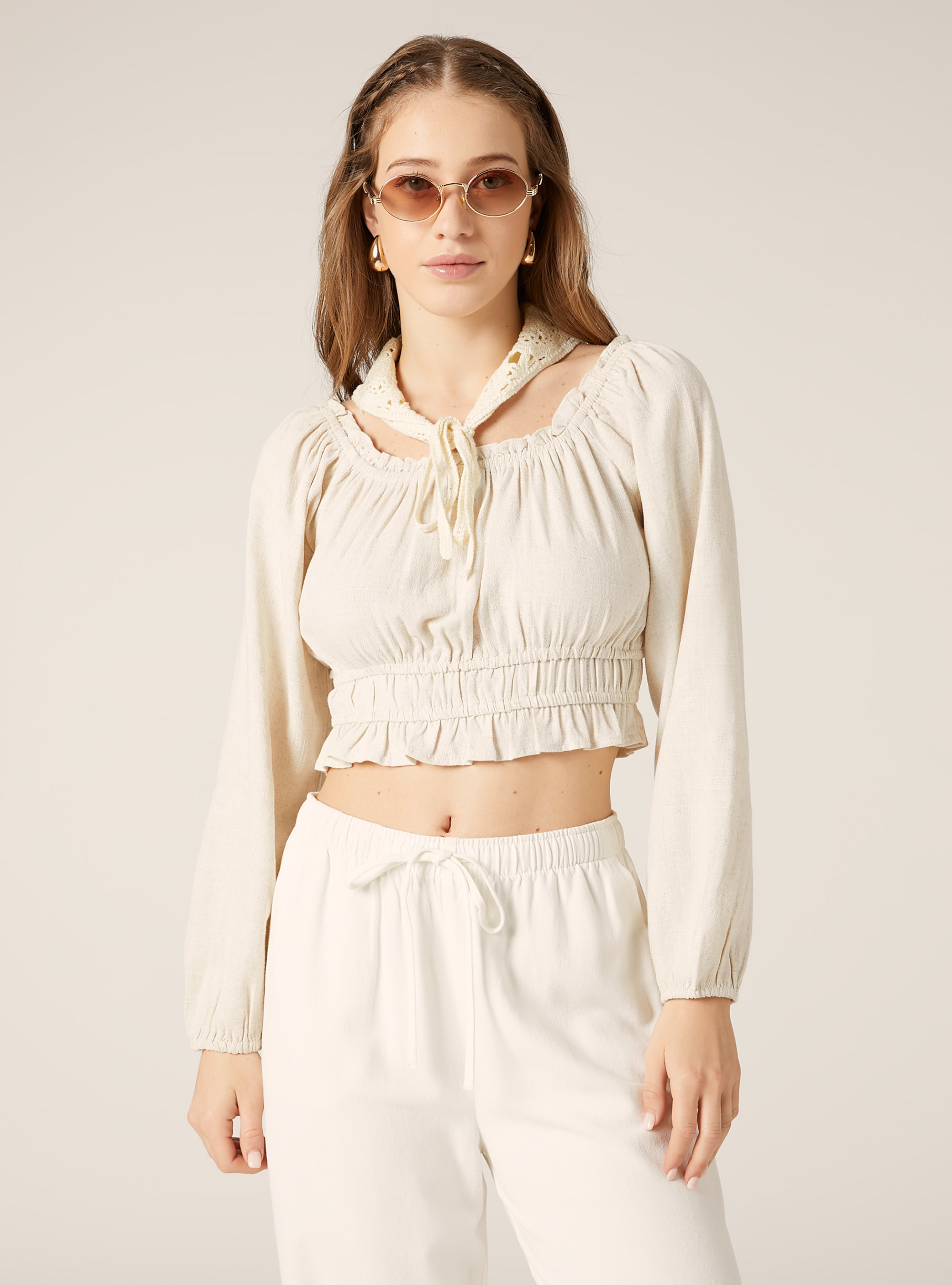 Blusa boho de mezcla de lino, MBG3 BEIGE MEL LIGHT