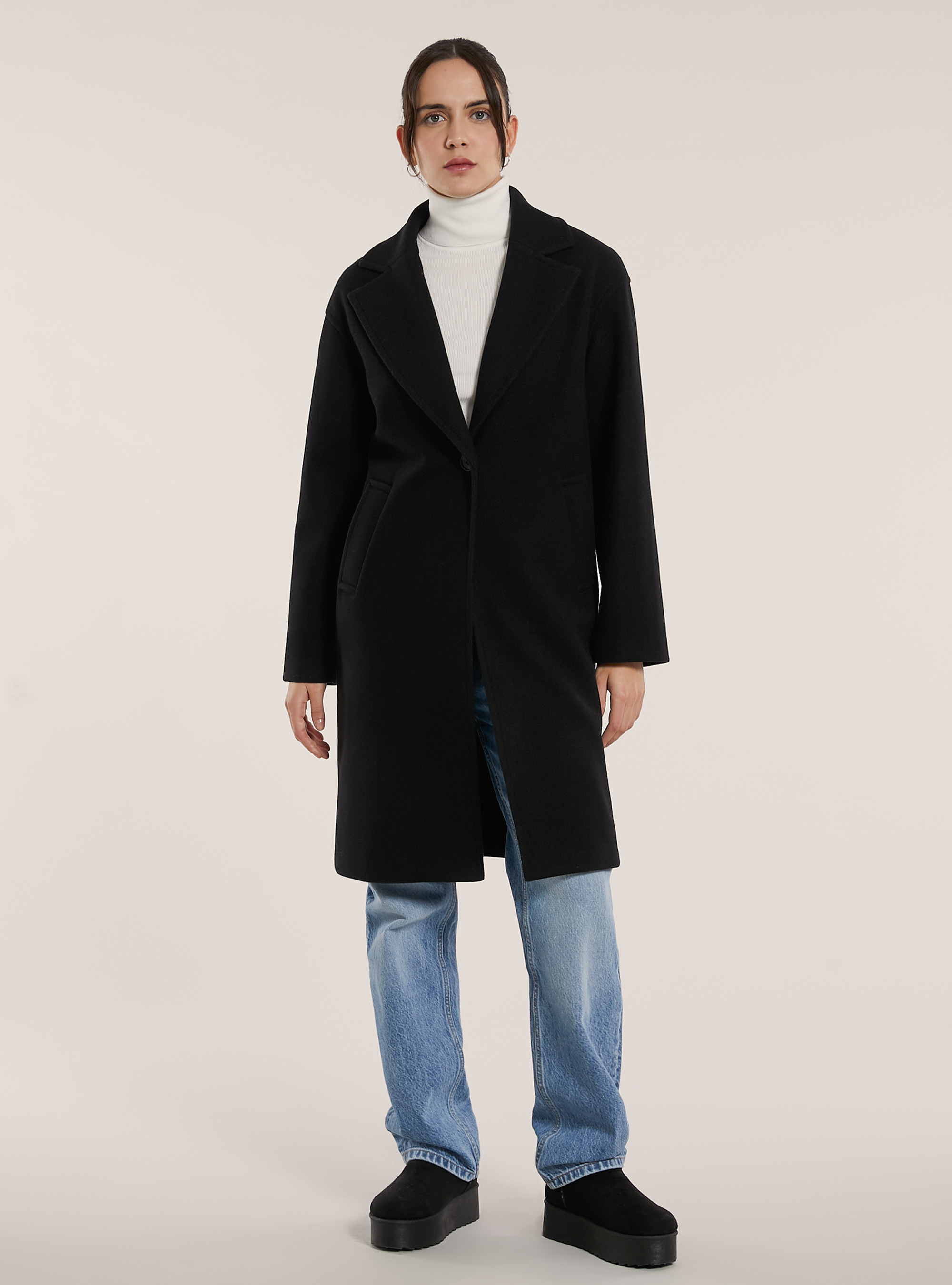 Plain single-breasted coat, BK1 BLACK