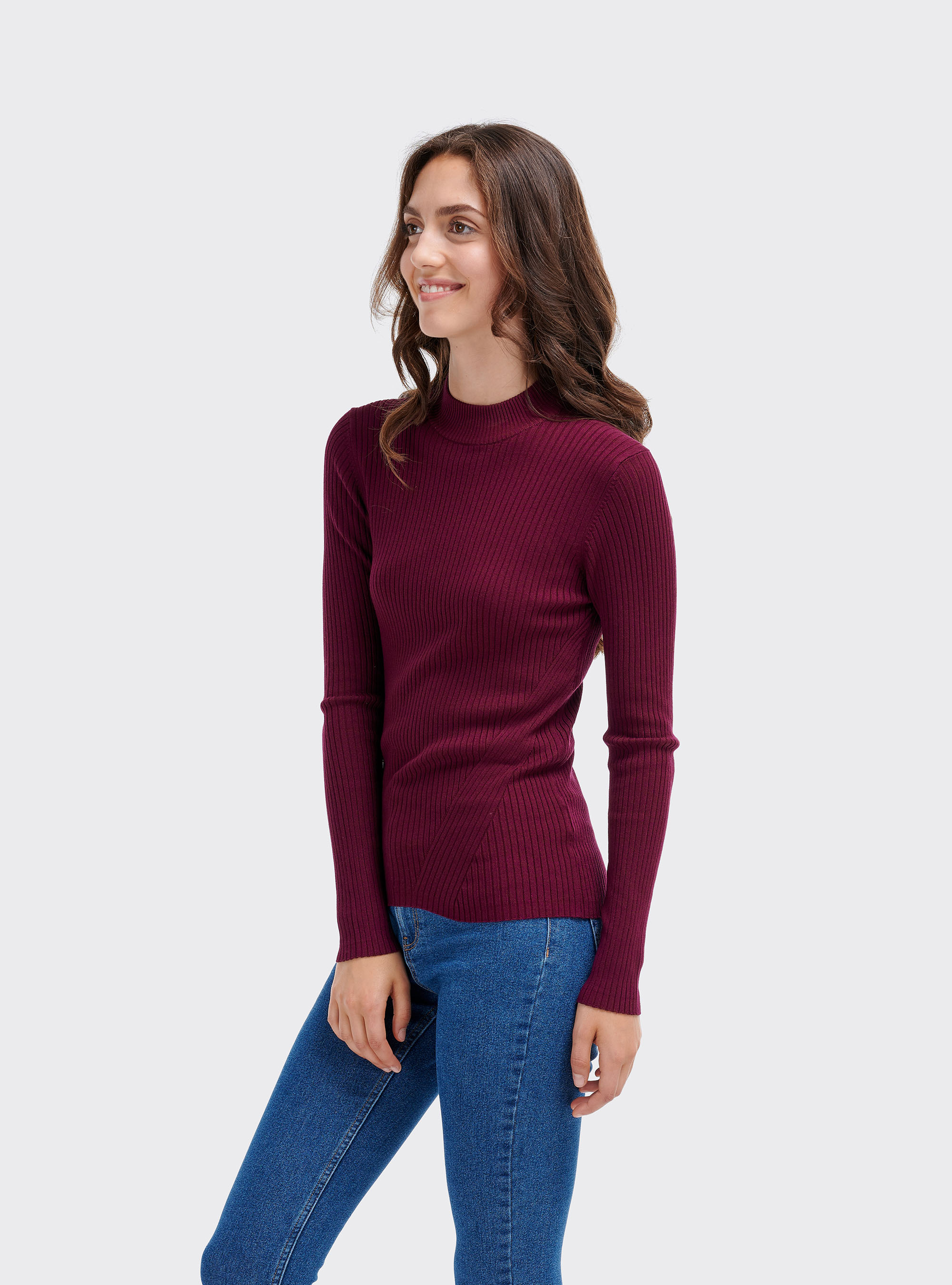 Half-neck pullover in ribbed knit, BORDEAUX