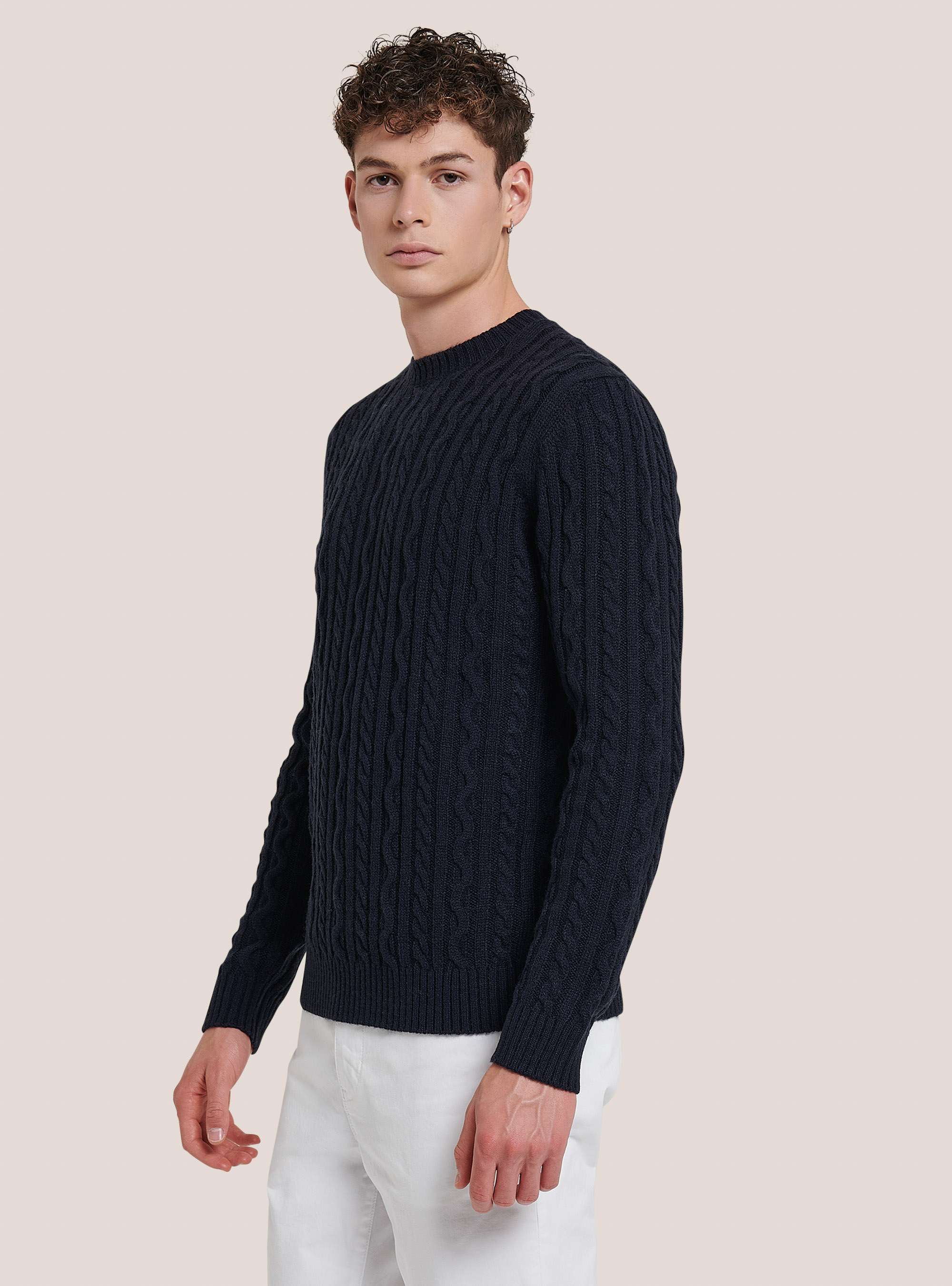 Crew-neck pullover with braids, BLUE NAVY